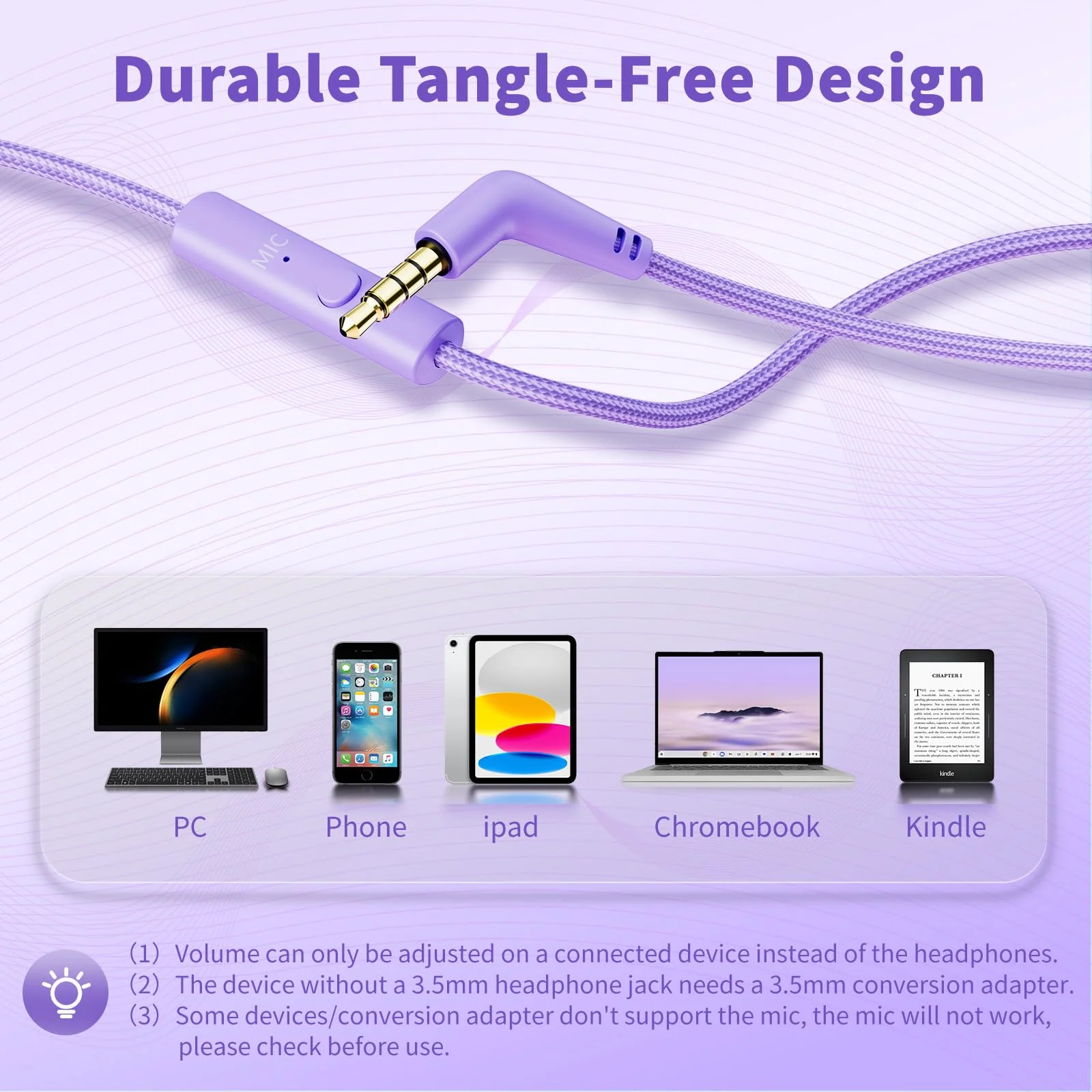 Botesty Sound Headphones Wired with Microphone, Over Ear Foldable 3.5mm Plug in Headphones with 4.9ft Tangle-Free Nylon Cord for Tablet, Laptop, MP3/4, School, Airplane Travel (Purple) Purple - Image 6