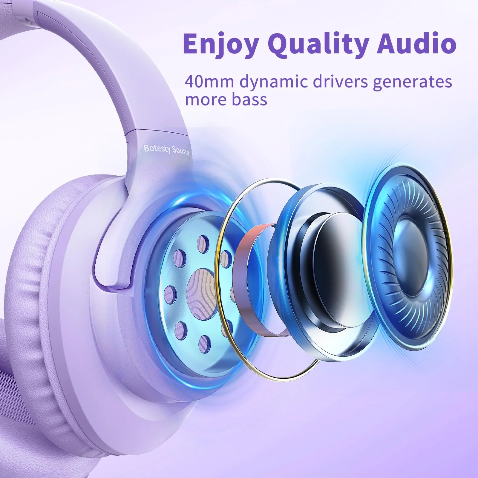 Botesty Sound Headphones Wired with Microphone, Over Ear Foldable 3.5mm Plug in Headphones with 4.9ft Tangle-Free Nylon Cord for Tablet, Laptop, MP3/4, School, Airplane Travel (Purple) Purple - Image 7