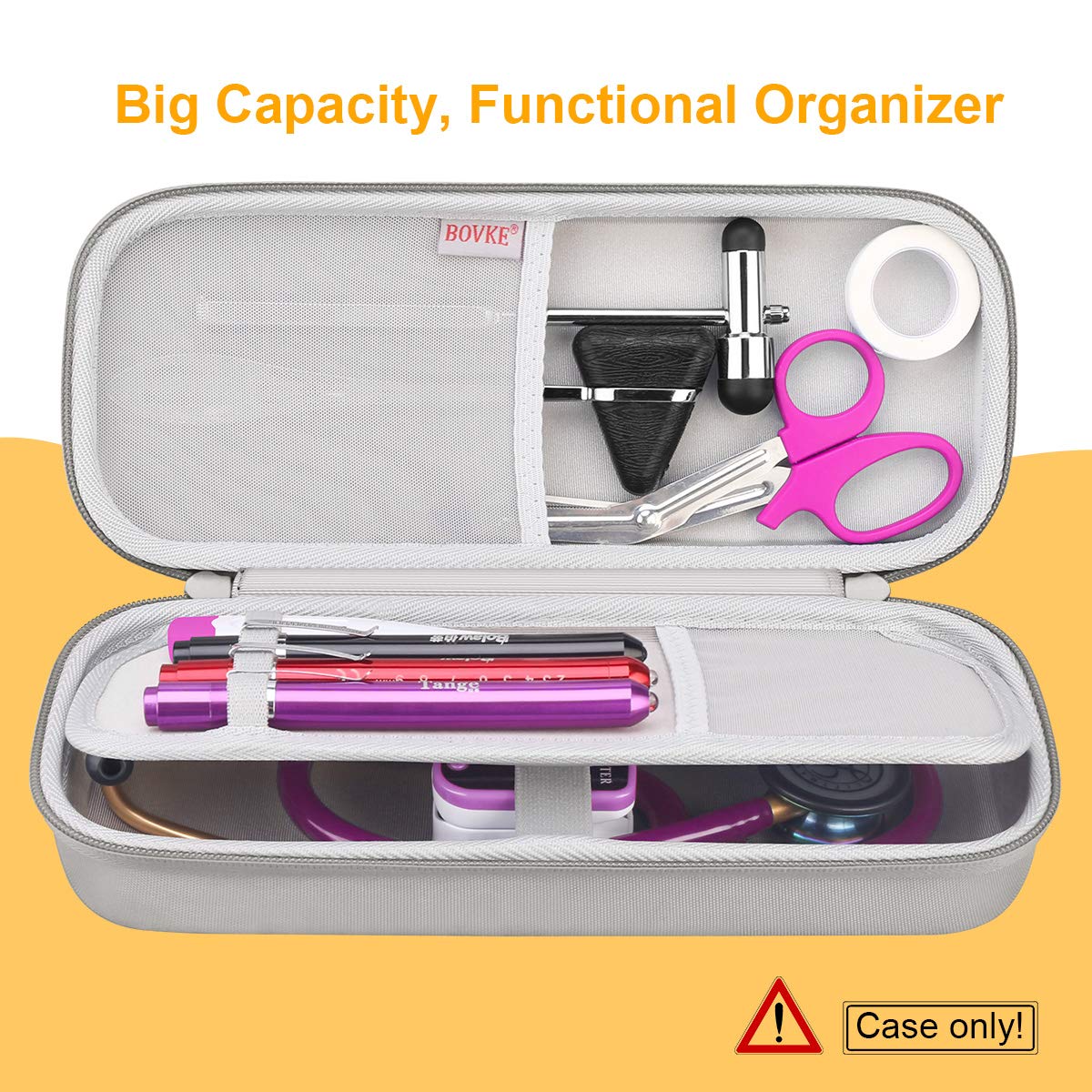 BOVKE Hard Stethoscope Case for 3M Littmann Classic III, Lightweight II S.E, Cardiology IV Diagnostic, MDF Acoustica Deluxe Stethoscopes - Extra Room for Taylor Percussion Hammer and Penlights, Gray - Image 3