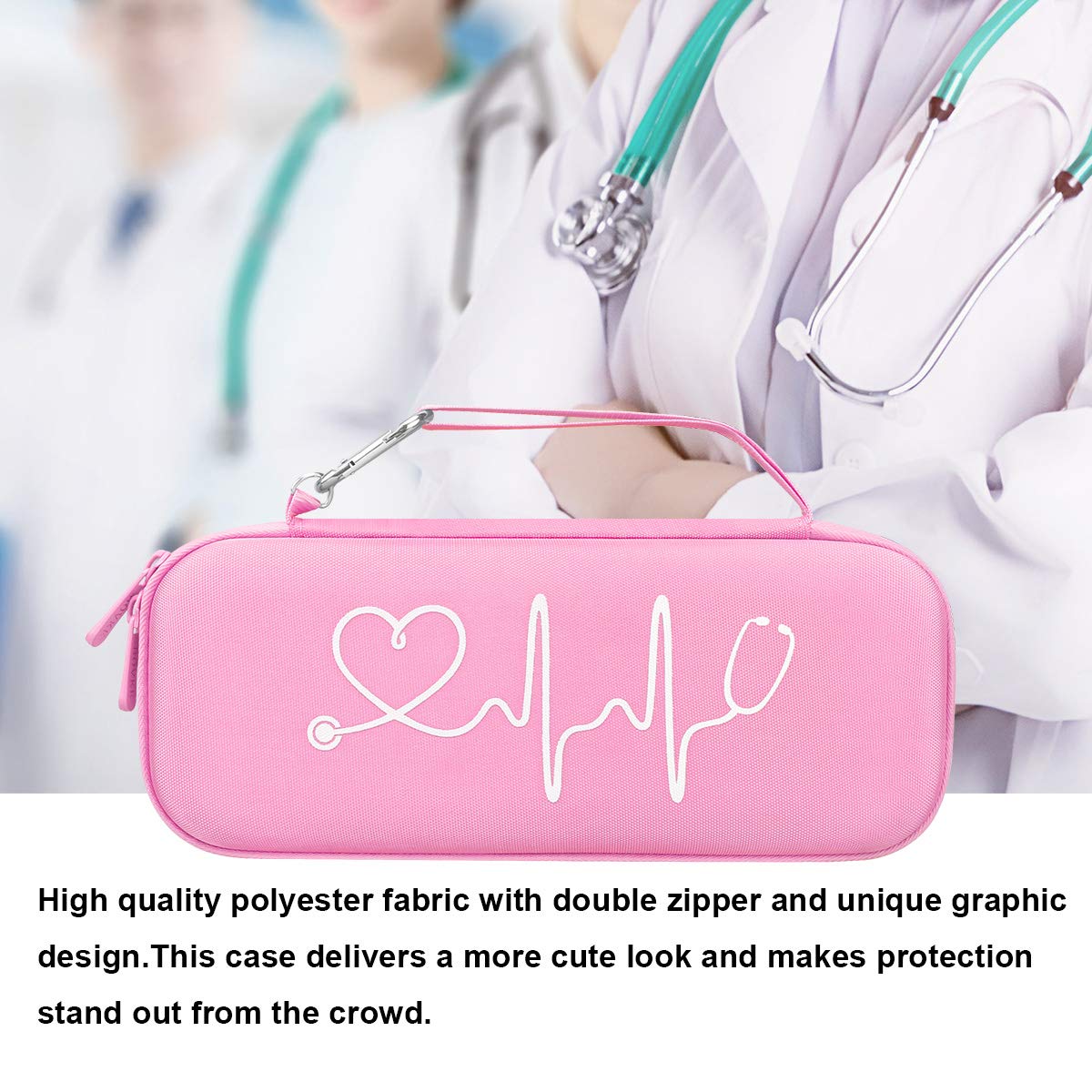 BOVKE Hard Stethoscope Case for 3M Littmann Classic III, Lightweight II S.E, Cardiology IV Diagnostic, MDF Acoustica Deluxe Stethoscopes - Extra Room for Taylor Percussion Hammer and Penlights, Pink - Image 6
