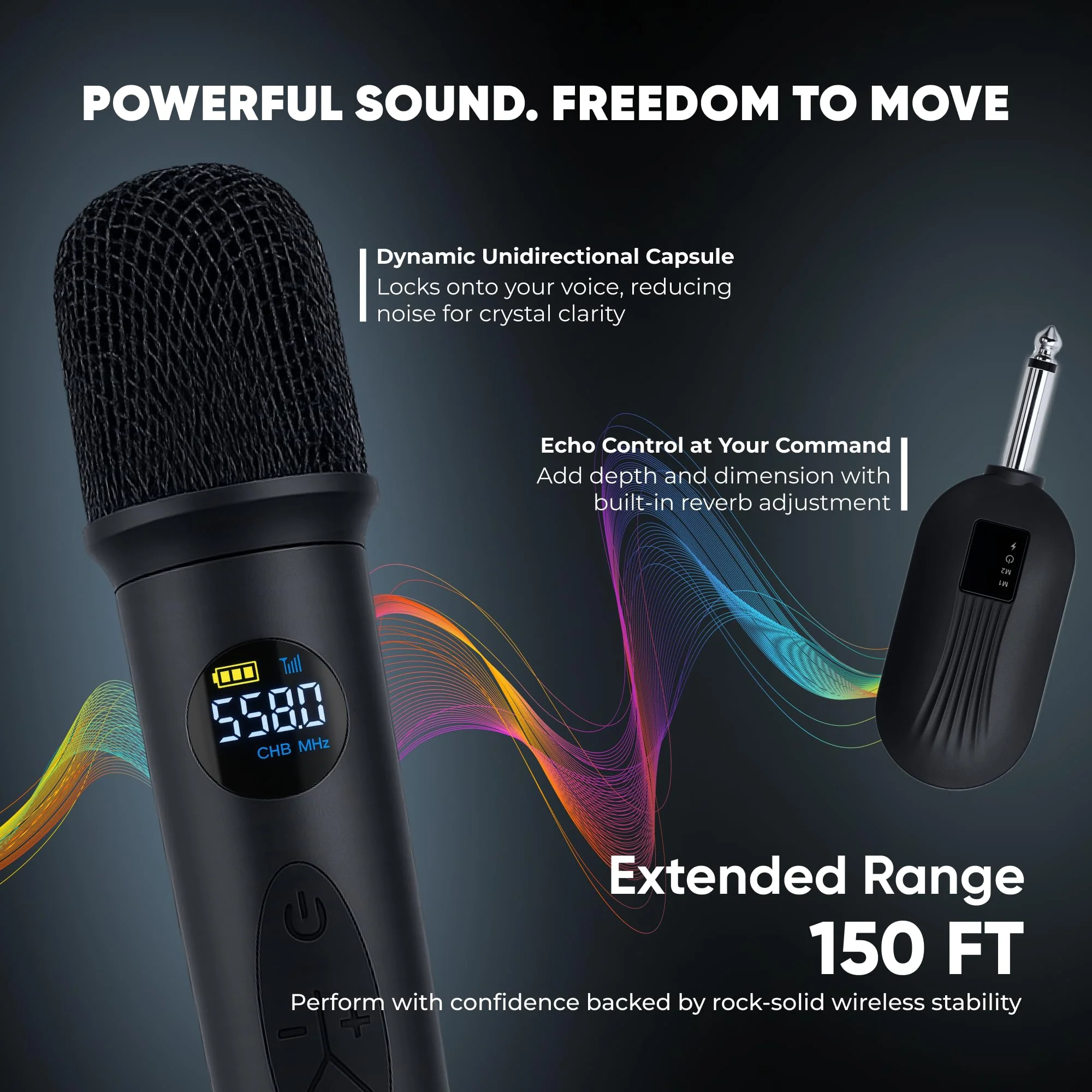 Bowens Wireless Microphone System – Karaoke Microphone Wireless with Receiver, Echo Control, LCD Display, USB-C Charging, 6.35mm Adapter – Cordless Mic for Singing, Speaking Parties, Events - Image 2