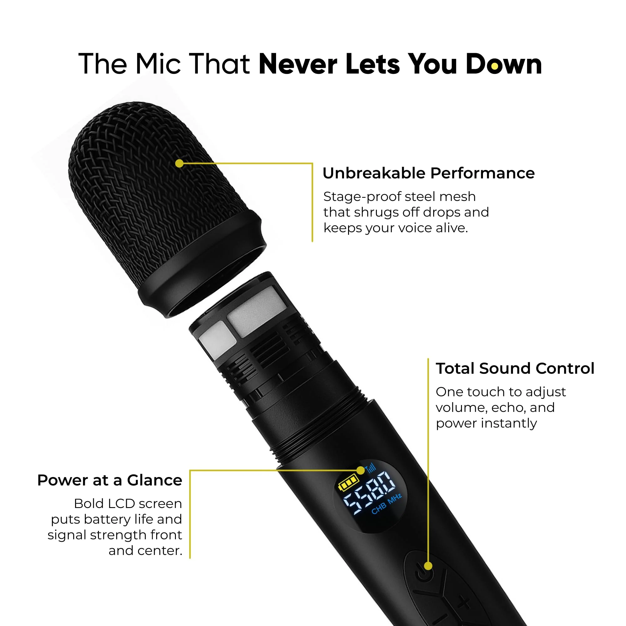 Bowens Wireless Microphone System – Karaoke Microphone Wireless with Receiver, Echo Control, LCD Display, USB-C Charging, 6.35mm Adapter – Cordless Mic for Singing, Speaking Parties, Events - Image 5