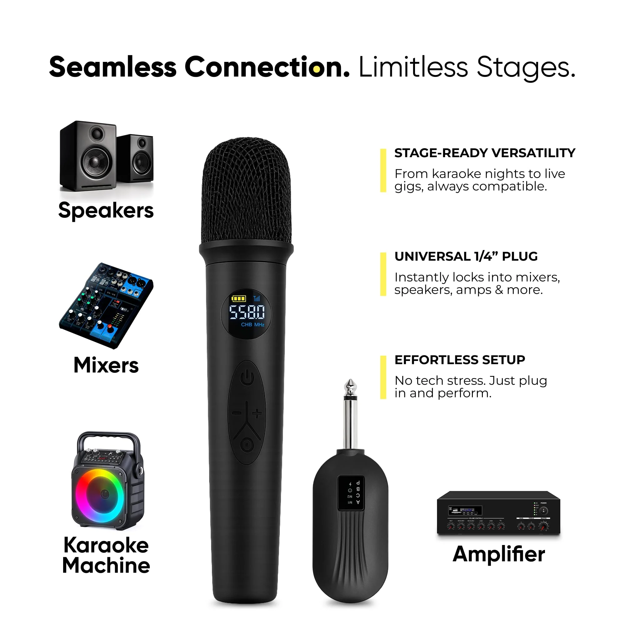 Bowens Wireless Microphone System – Karaoke Microphone Wireless with Receiver, Echo Control, LCD Display, USB-C Charging, 6.35mm Adapter – Cordless Mic for Singing, Speaking Parties, Events - Image 6