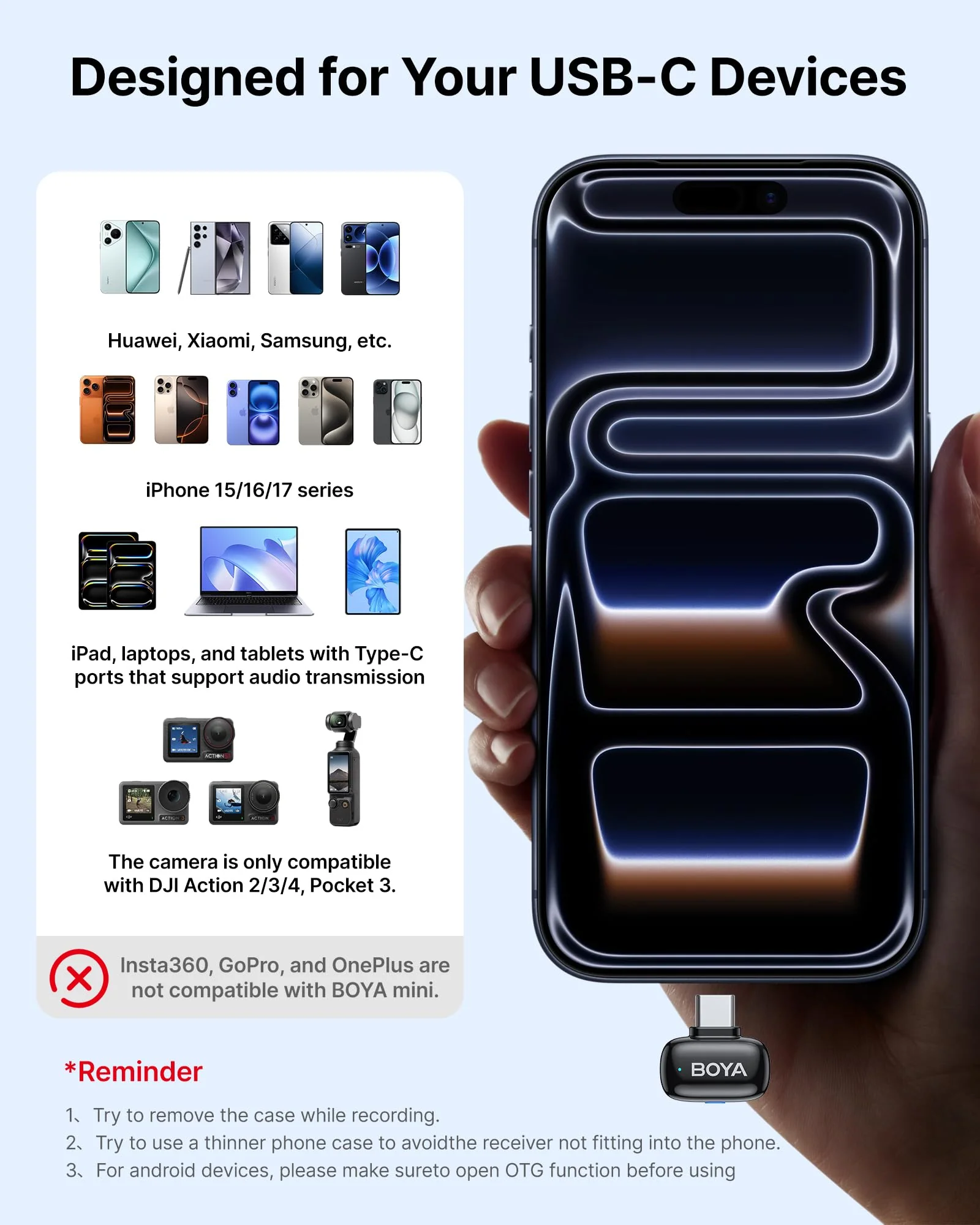 BOYA mini 2 Wireless Lavalier Microphones for iPhone 15/16/17 & Android, AI Noise Cancellation, App Control, 30H Battery Life with Charging Case, Lapel Microphone Wireless for Video Recording Vlogging Black 2TX+USB-C RX+1CC - Image 5