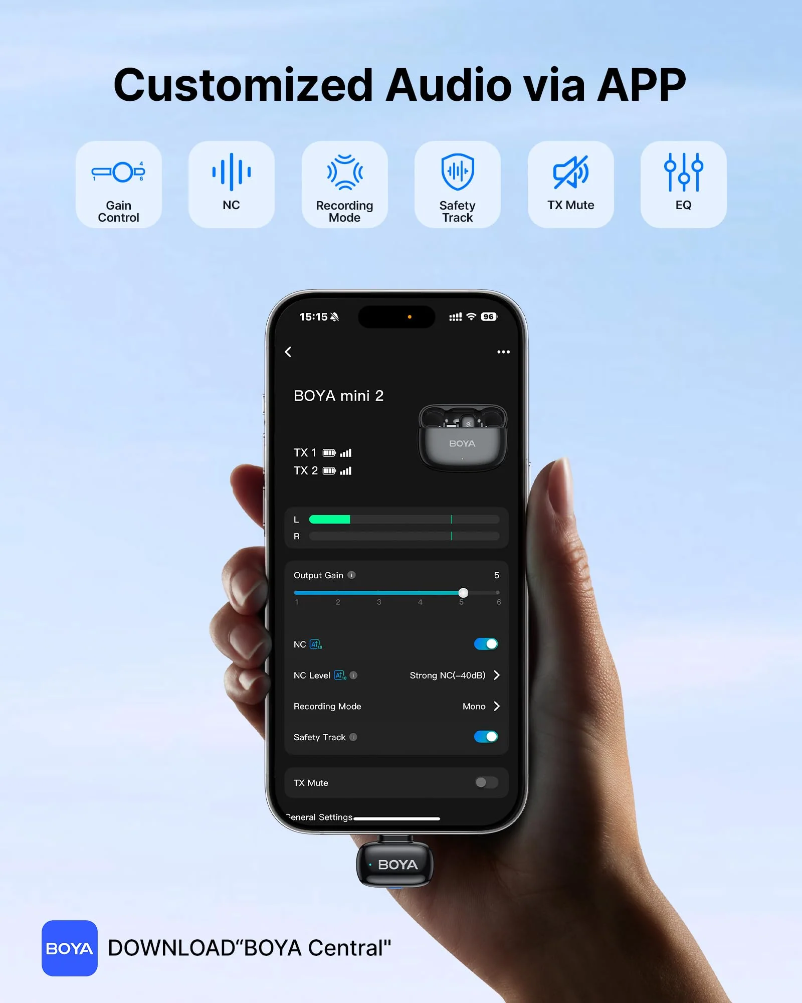 BOYA mini 2 Wireless Lavalier Microphones for iPhone 15/16/17 & Android, AI Noise Cancellation, App Control, 30H Battery Life with Charging Case, Lapel Microphone Wireless for Video Recording Vlogging Black 2TX+USB-C RX+1CC - Image 6