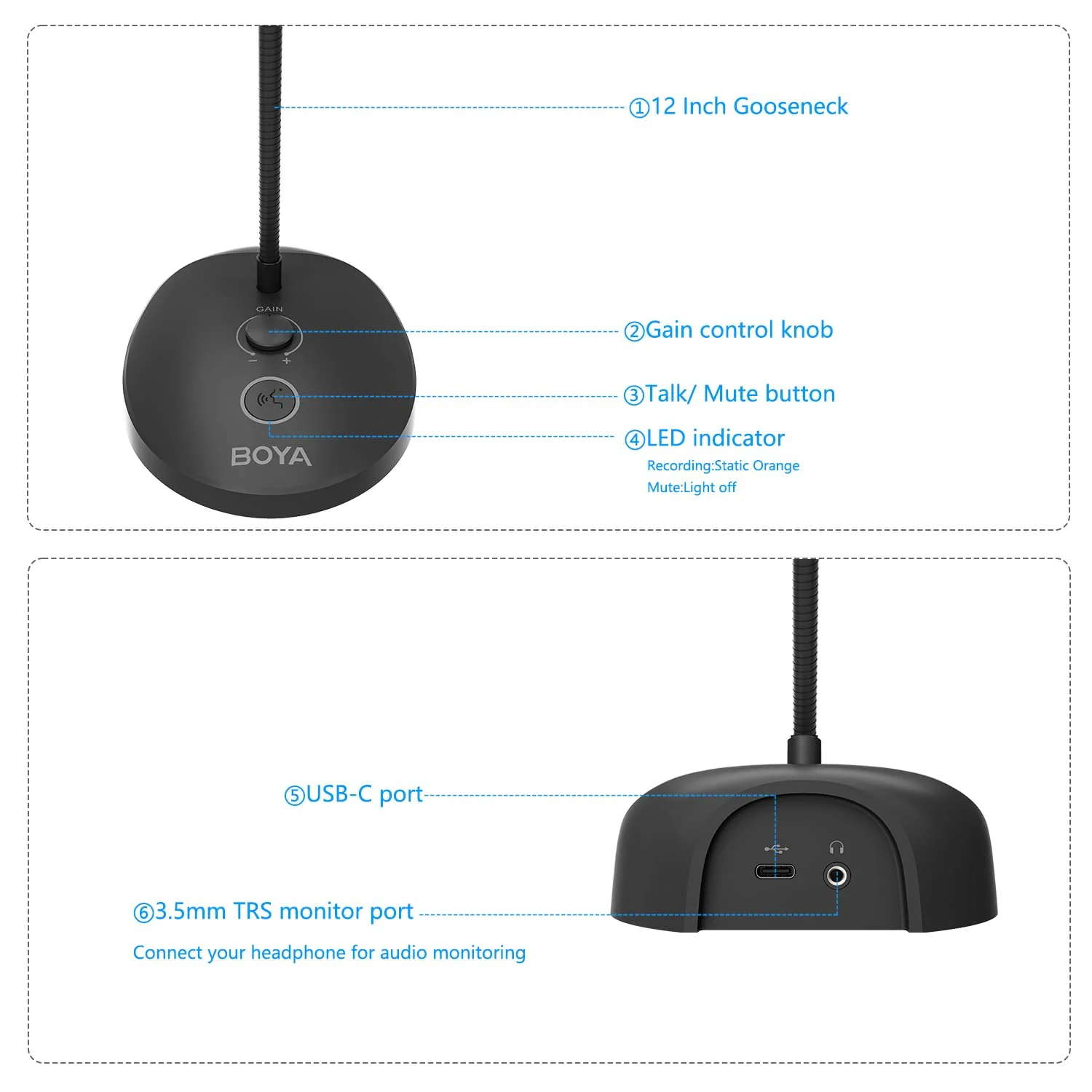BOYA USB Microphone, Gooseneck with LED Indicator, Mute Button, Gain Adjustment, for Video Conferences, BY-GM12 GM12 - Image 5