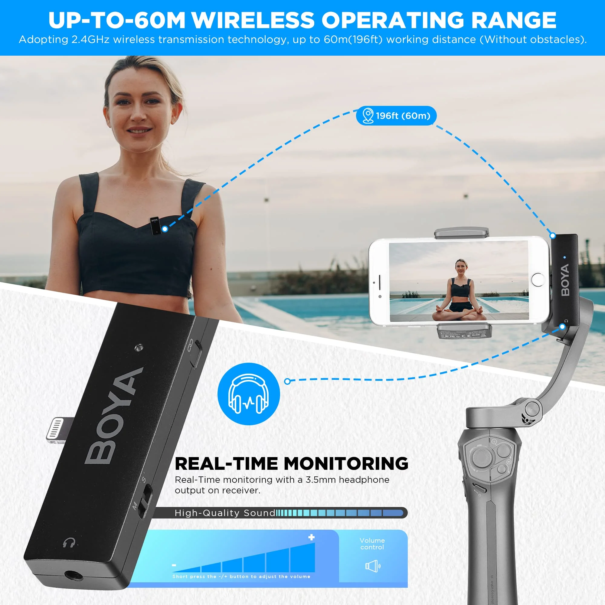 BOYA Wireless Lavalier Microphone for iPhone/iPad,2.4GHz Wireless Lapel Microphone with Gain&Noise Cancelling for YouTube,Tiktok Live Stream, Video Recording, Vlogging (Wmic5-M3) - Image 3
