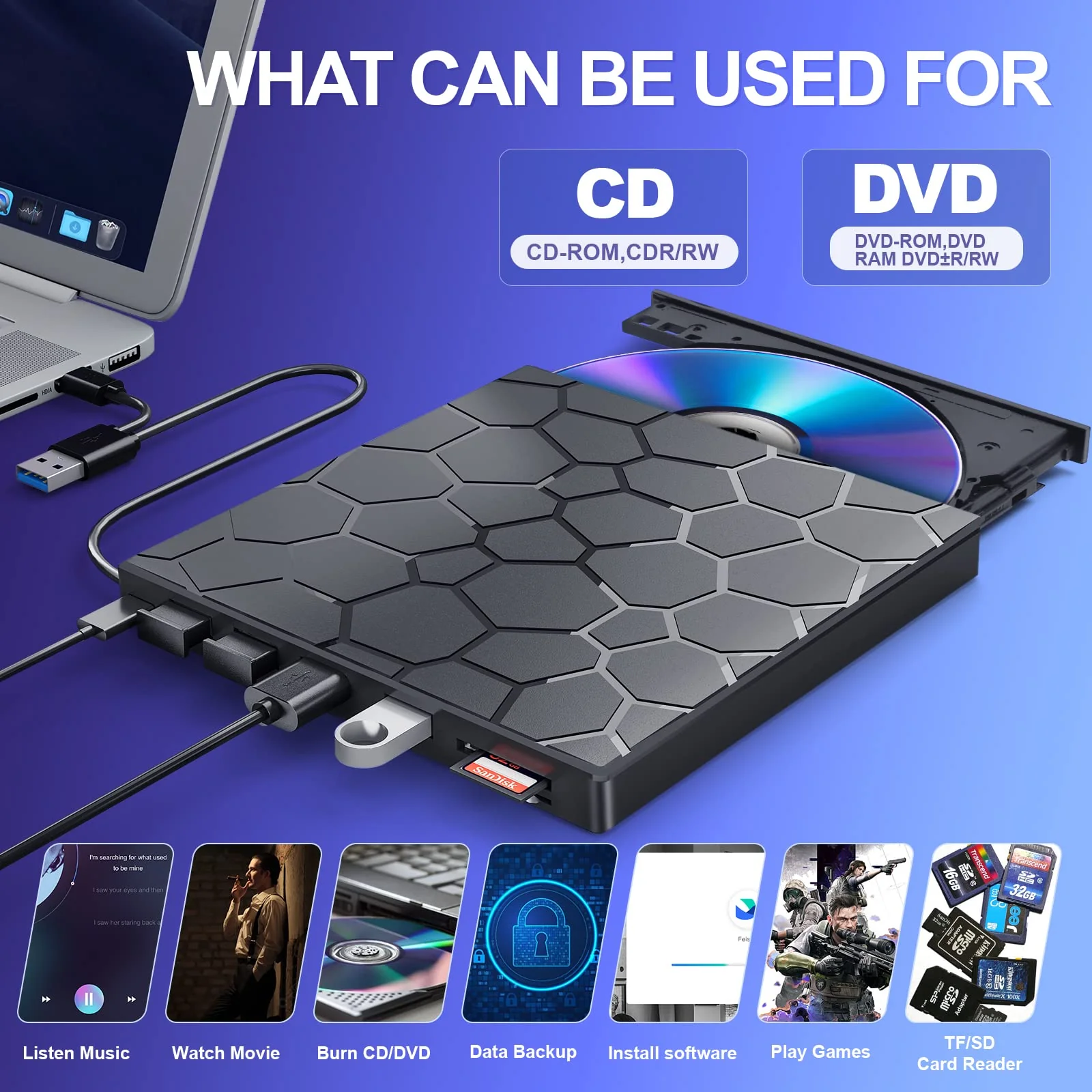 BPAKDU External CD/DVD Drive for Laptop, DVD Player for Laptop, 8 in 1 USB 3.0 Ultra-Slim Portable, CD Burner External Disk Drive Optical Compatible with Desktop Mac,Windows 11/10/8/7 Linux Black - Image 2