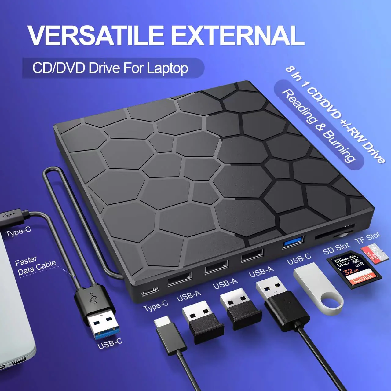 BPAKDU External CD/DVD Drive for Laptop, DVD Player for Laptop, 8 in 1 USB 3.0 Ultra-Slim Portable, CD Burner External Disk Drive Optical Compatible with Desktop Mac,Windows 11/10/8/7 Linux Black - Image 4
