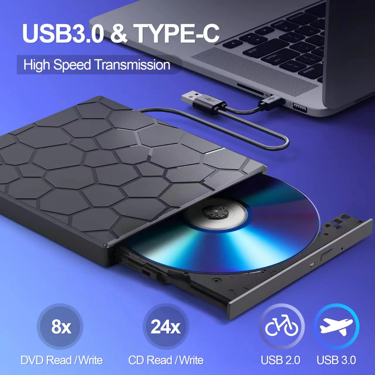 BPAKDU External CD/DVD Drive for Laptop, DVD Player for Laptop, 8 in 1 USB 3.0 Ultra-Slim Portable, CD Burner External Disk Drive Optical Compatible with Desktop Mac,Windows 11/10/8/7 Linux Black - Image 5