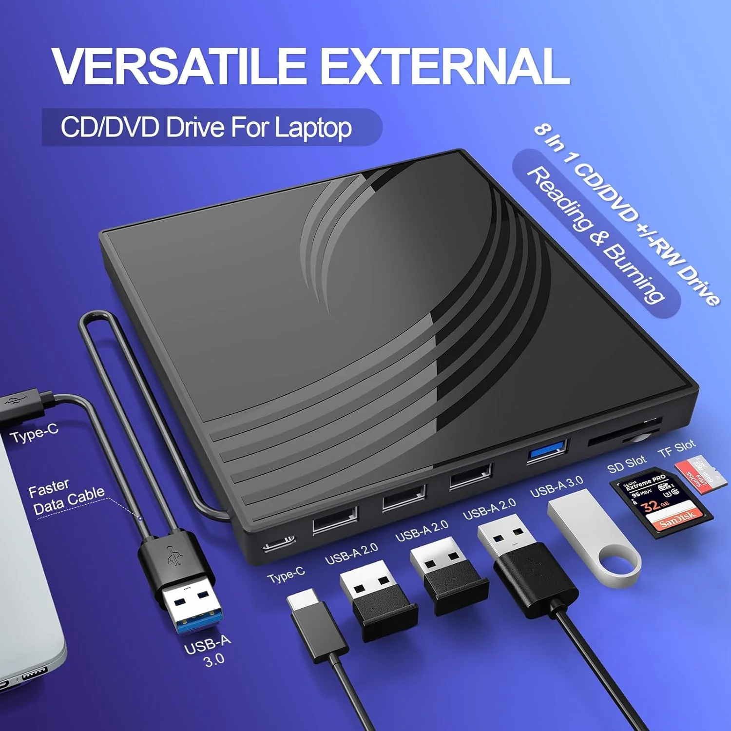 BPAKDU External CD/DVD Drive for Laptop with Carrying Case,DVD Player for Laptop,Portable CD Burner with 4 USB Ports, 2 TF/SD Card Slots,CD Disk Drive Player Reader Write Black - Image 4