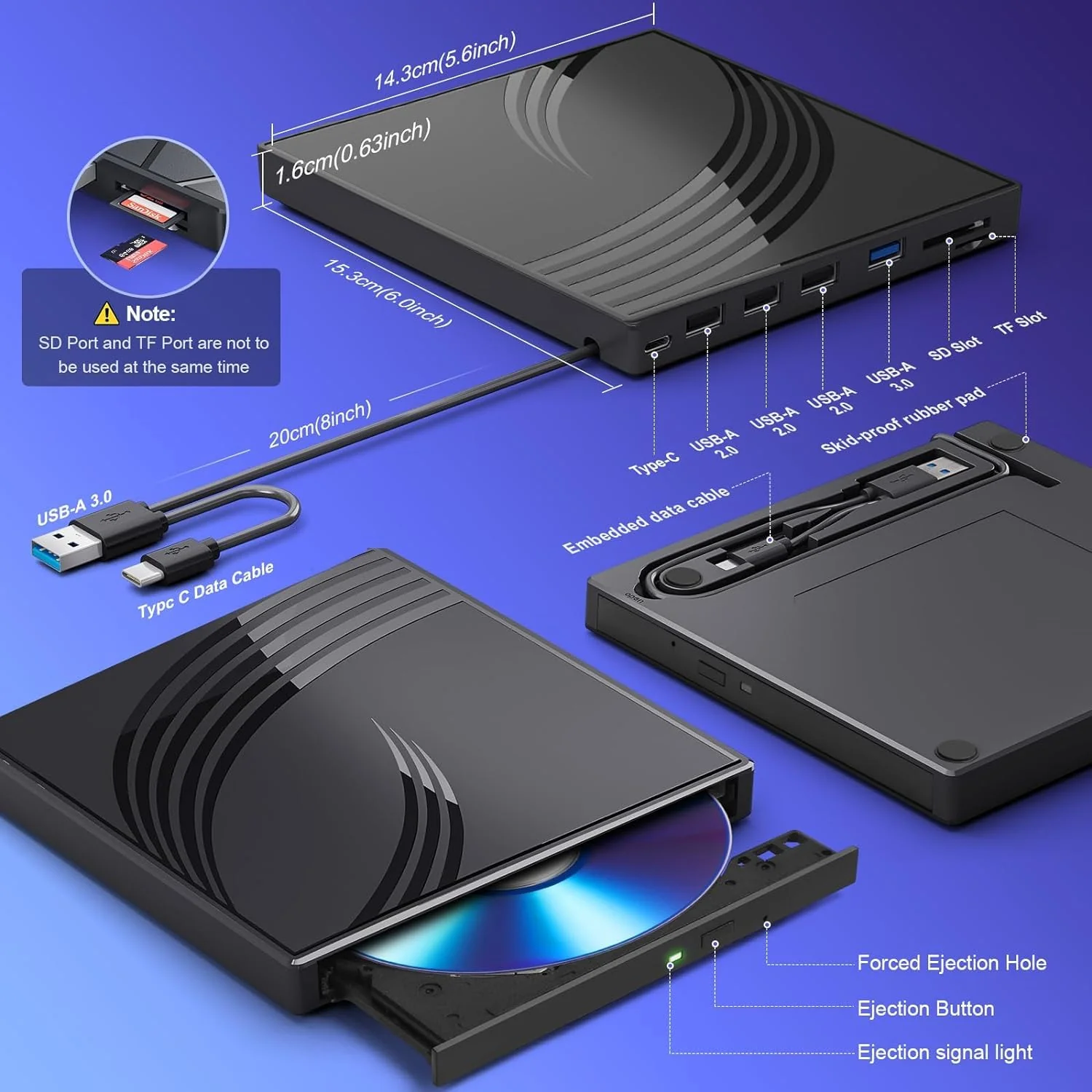 BPAKDU External CD/DVD Drive for Laptop with Carrying Case,DVD Player for Laptop,Portable CD Burner with 4 USB Ports, 2 TF/SD Card Slots,CD Disk Drive Player Reader Write Black - Image 5
