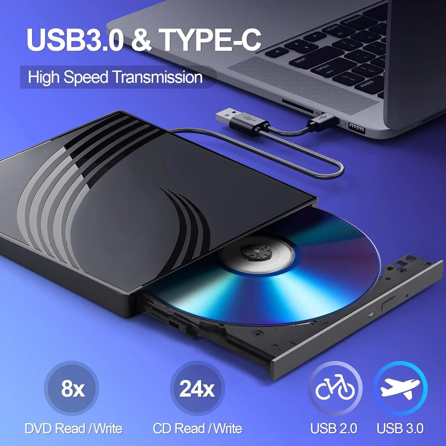 BPAKDU External CD/DVD Drive for Laptop with Carrying Case,DVD Player for Laptop,Portable CD Burner with 4 USB Ports, 2 TF/SD Card Slots,CD Disk Drive Player Reader Write Black - Image 6
