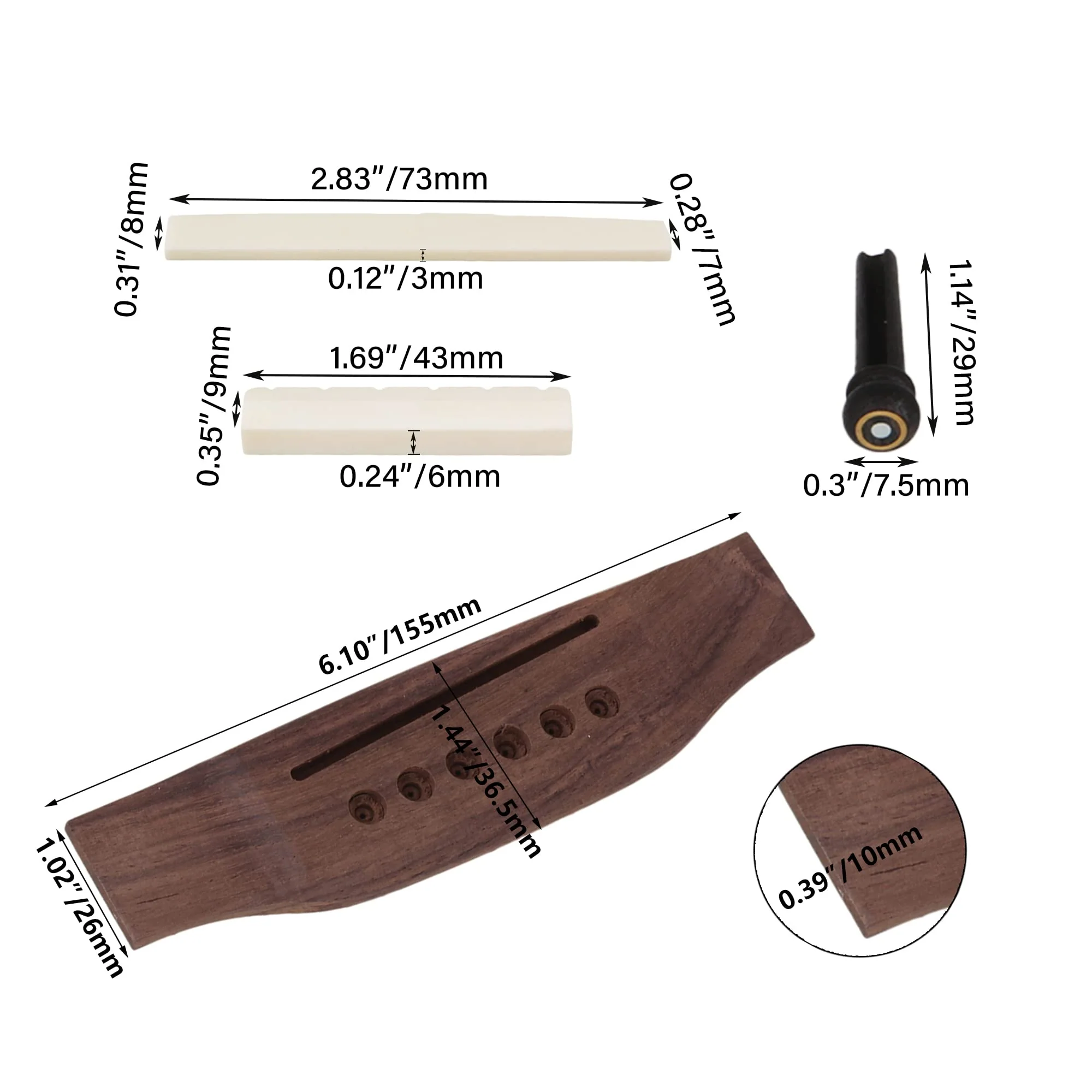 BQLZR Acoustic Guitar Replacement Set Ebony Bridge End Pins Bone Saddle & Nut and Rosewood Bridge Parts - Image 4