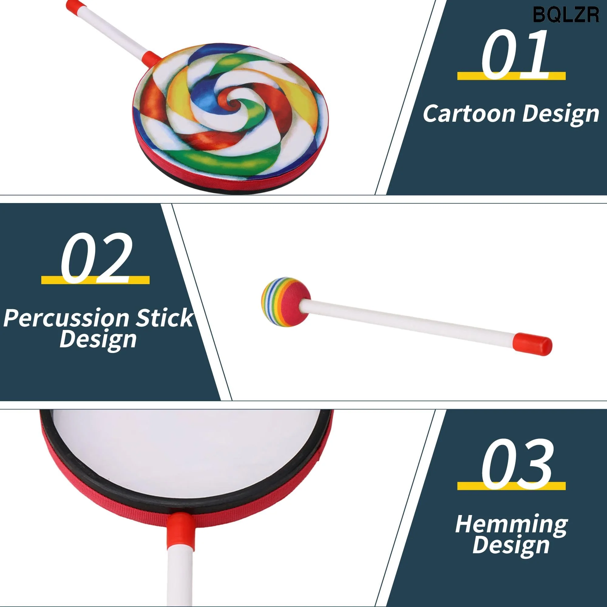 BQLZR Round Percussion Hand Drums 7.87 Inch Dia Colorful w/Mallet for Gift Pack of 3 - Image 5