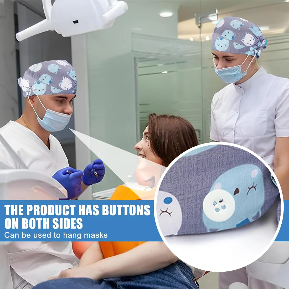 BQRKOTM Unisex Scrub Hat, Cotton Scrub Cap with Adjustable Sweatband, Printed Medical Hat with Buttons, Dust Cap - Image 3