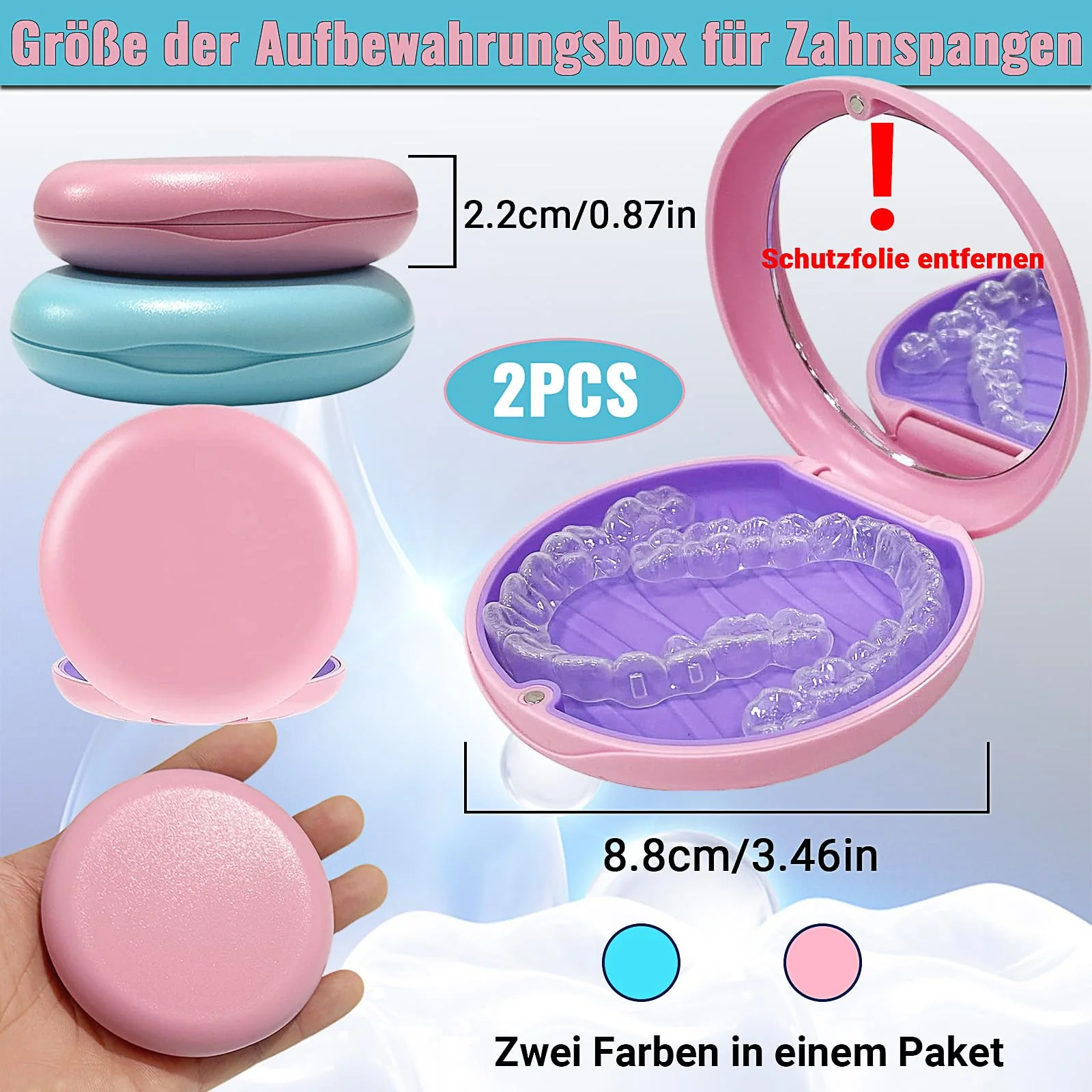 Braces Box, Pack of 2 Dentures Box with Mirror, Brace Box, Portable Dental Splint Box, Dental Container for Storing Braces and Dentures (Blue and Pink) - Image 2