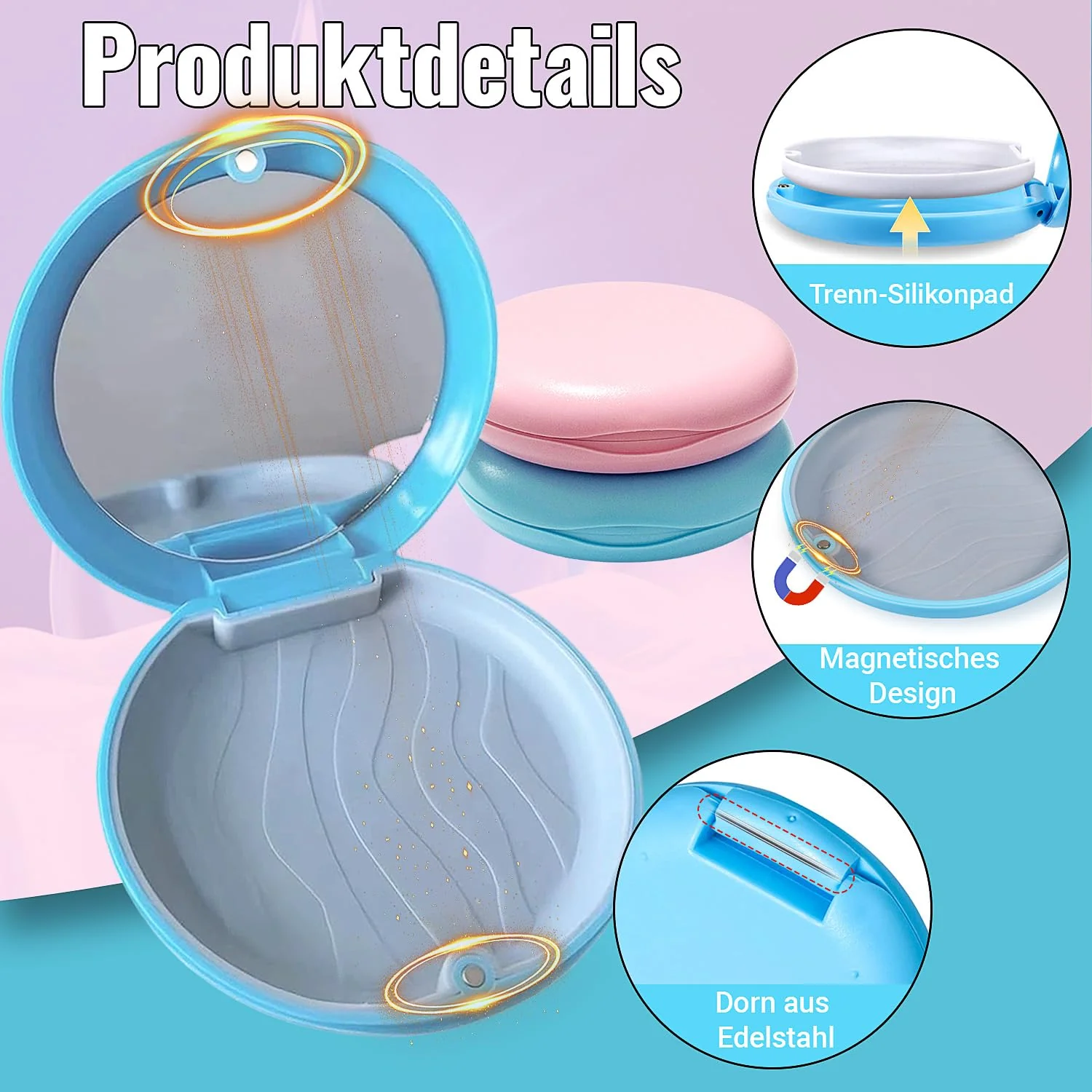 Braces Box, Pack of 2 Dentures Box with Mirror, Brace Box, Portable Dental Splint Box, Dental Container for Storing Braces and Dentures (Blue and Pink) - Image 3
