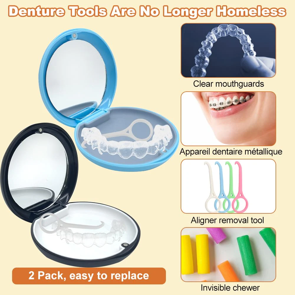 Braces Box, Pack of 2 Portable Storage Box for Dentures Container with Mirror Empty Denture Box Container for Dentures Box with Aligner Removal Tool (Blue + Black) Black + Blue - Image 7