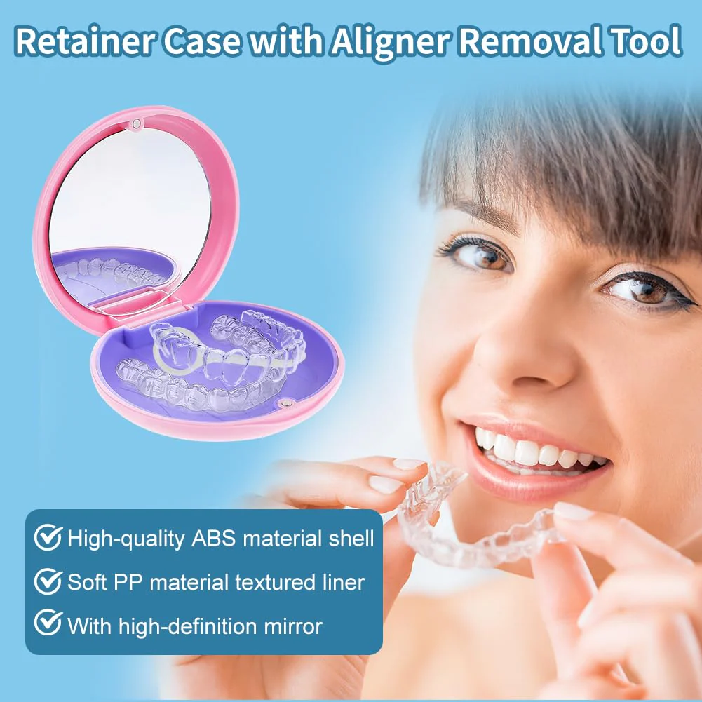 Braces Box, Portable Tooth Splint Box with Mirror, Empty Orthodontic Teeth Holder Box for Holder and Mouth Guard with Tool for Removing Aligners (Pink) Pink - Image 2