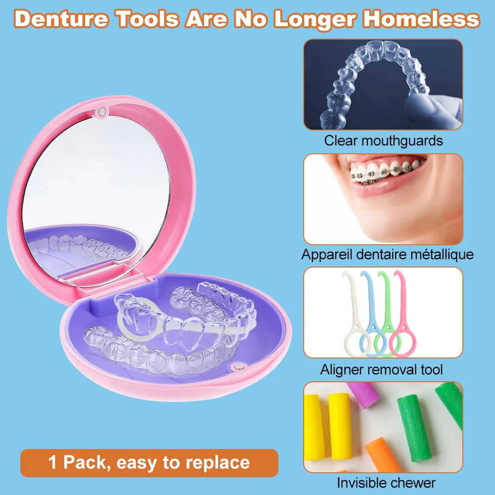 Braces Box, Portable Tooth Splint Box with Mirror, Empty Orthodontic Teeth Holder Box for Holder and Mouth Guard with Tool for Removing Aligners (Pink) Pink - Image 7