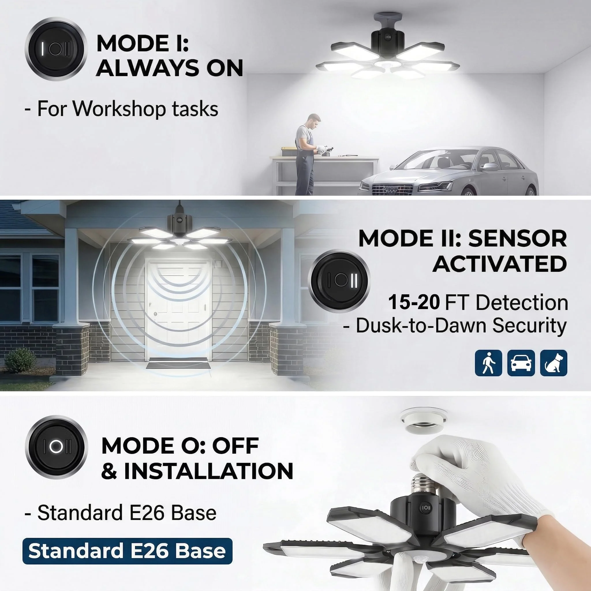 BRAINIAC Motion Sensor Garage Light with 3 Switch Modes, E26/E27 Screw in Garage Lights Ceiling LED Motion Activated for Garage/Shop/Porch-150W 15000LM 6000K 150 Watts 1 Motion-sensor - Image 2