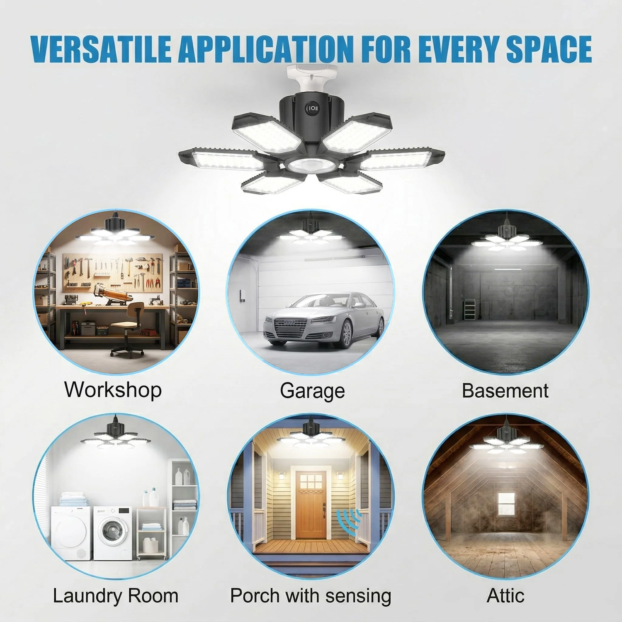 BRAINIAC Motion Sensor Garage Light with 3 Switch Modes, E26/E27 Screw in Garage Lights Ceiling LED Motion Activated for Garage/Shop/Porch-150W 15000LM 6000K 150 Watts 1 Motion-sensor - Image 5