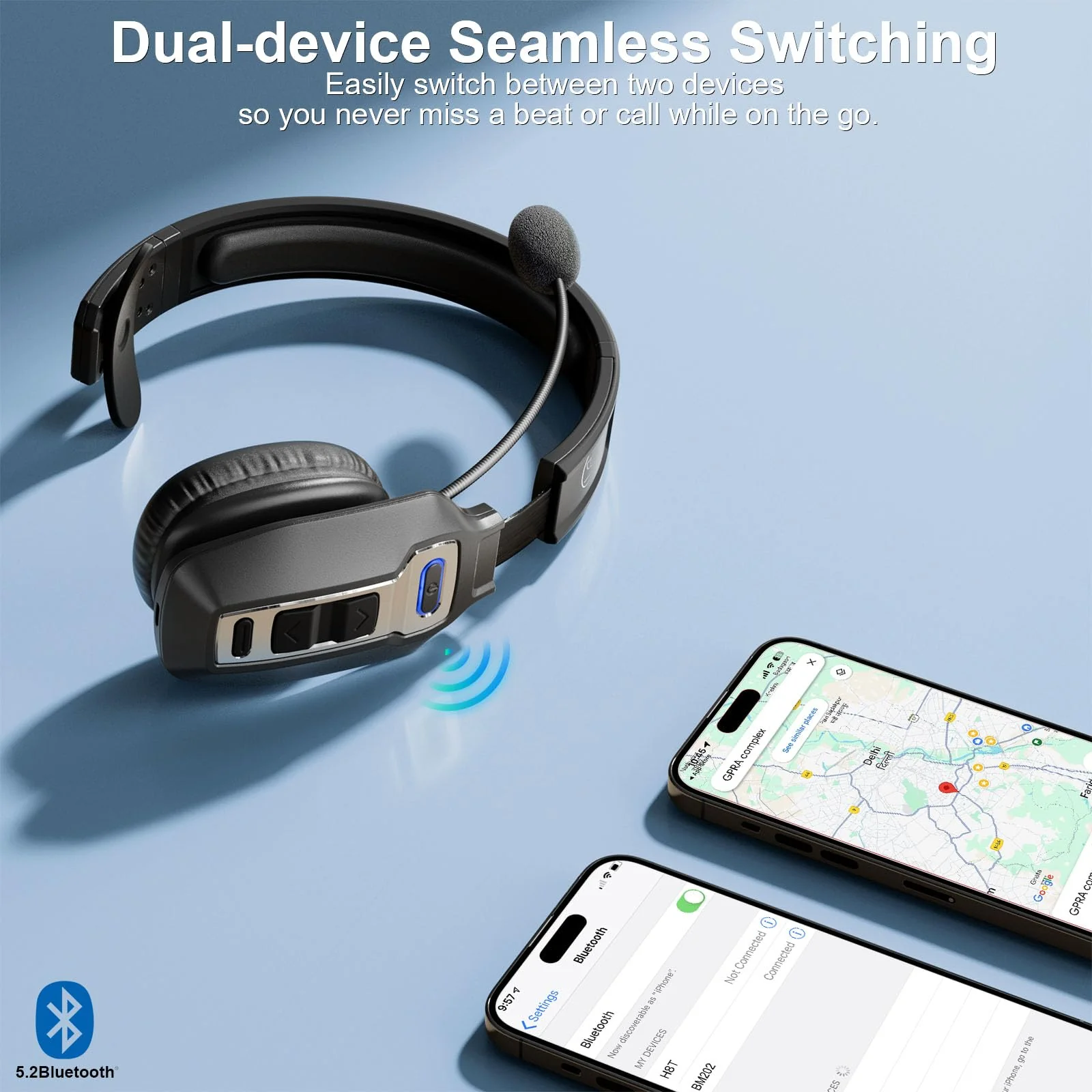 BRAMMAR Trucker Bluetooth Headset with AI Noise Cancellation Microphone, Trucker Headset with 65Hrs Talk Time & Mute Button, Multipoint Connection, Bluetooth Headsets Fit for Truck Drivers/Cell Phones Black - Image 3