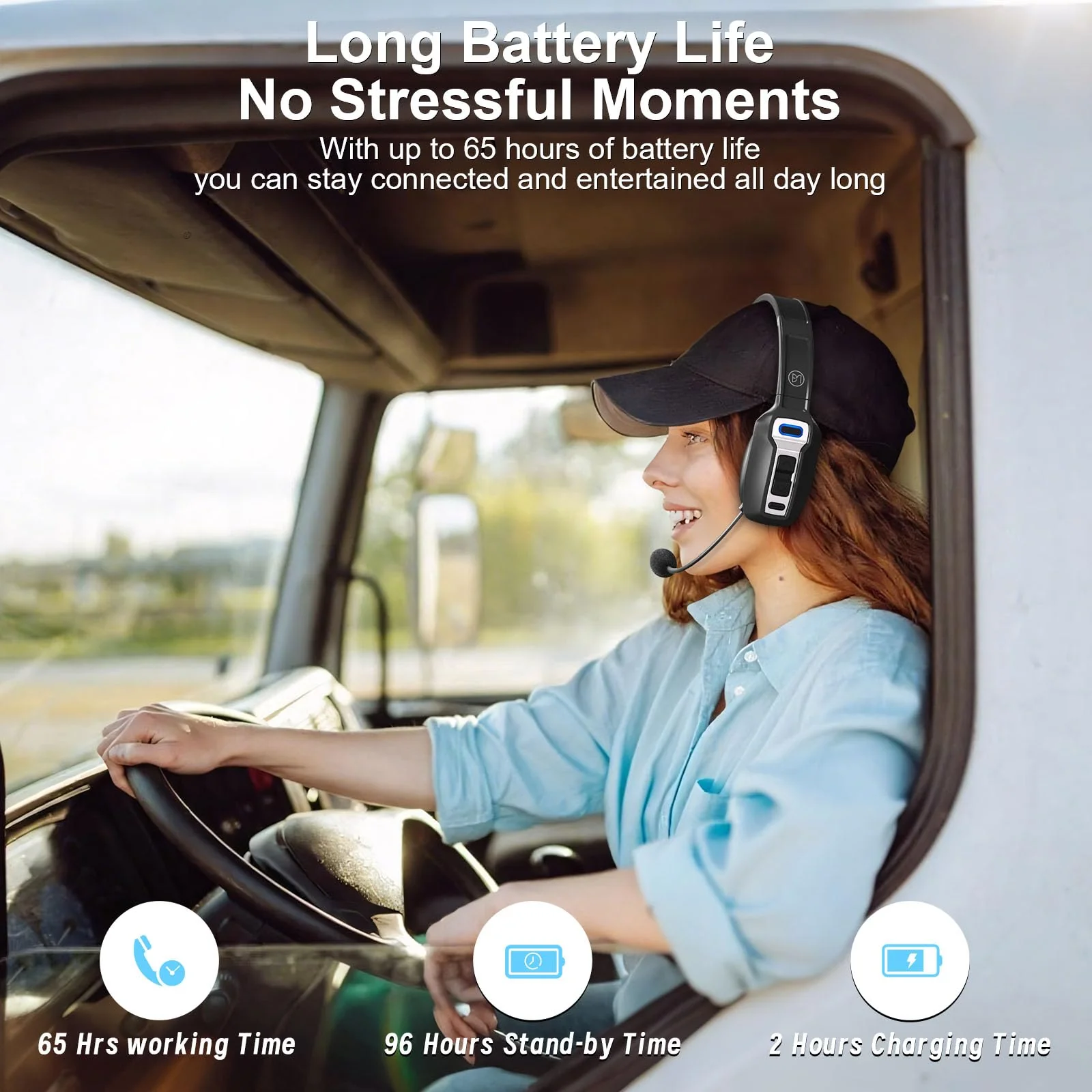 BRAMMAR Trucker Bluetooth Headset with AI Noise Cancellation Microphone, Trucker Headset with 65Hrs Talk Time & Mute Button, Multipoint Connection, Bluetooth Headsets Fit for Truck Drivers/Cell Phones Black - Image 4