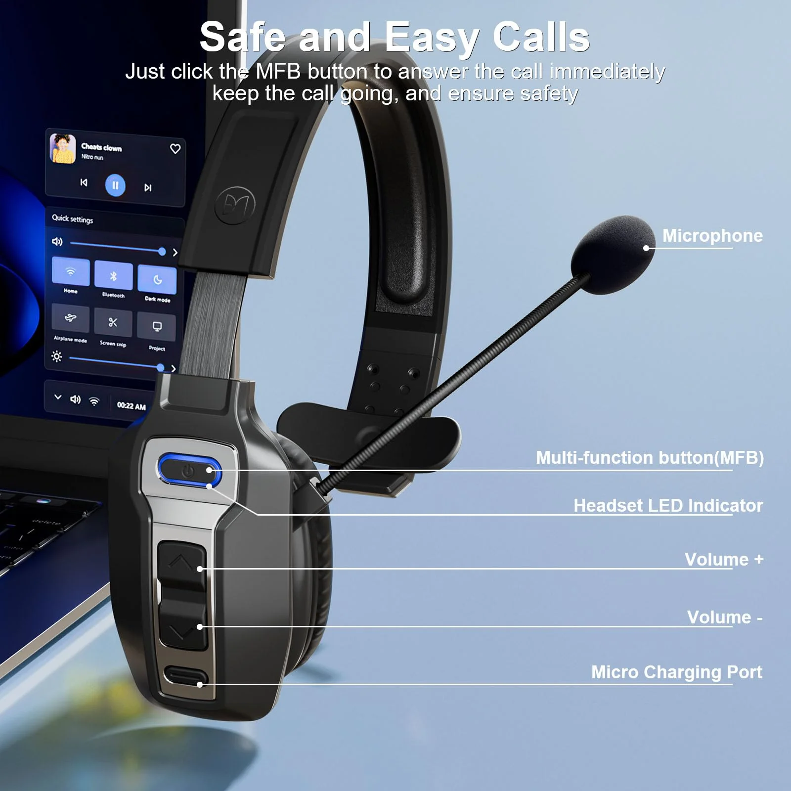 BRAMMAR Trucker Bluetooth Headset with AI Noise Cancellation Microphone, Trucker Headset with 65Hrs Talk Time & Mute Button, Multipoint Connection, Bluetooth Headsets Fit for Truck Drivers/Cell Phones Black - Image 6