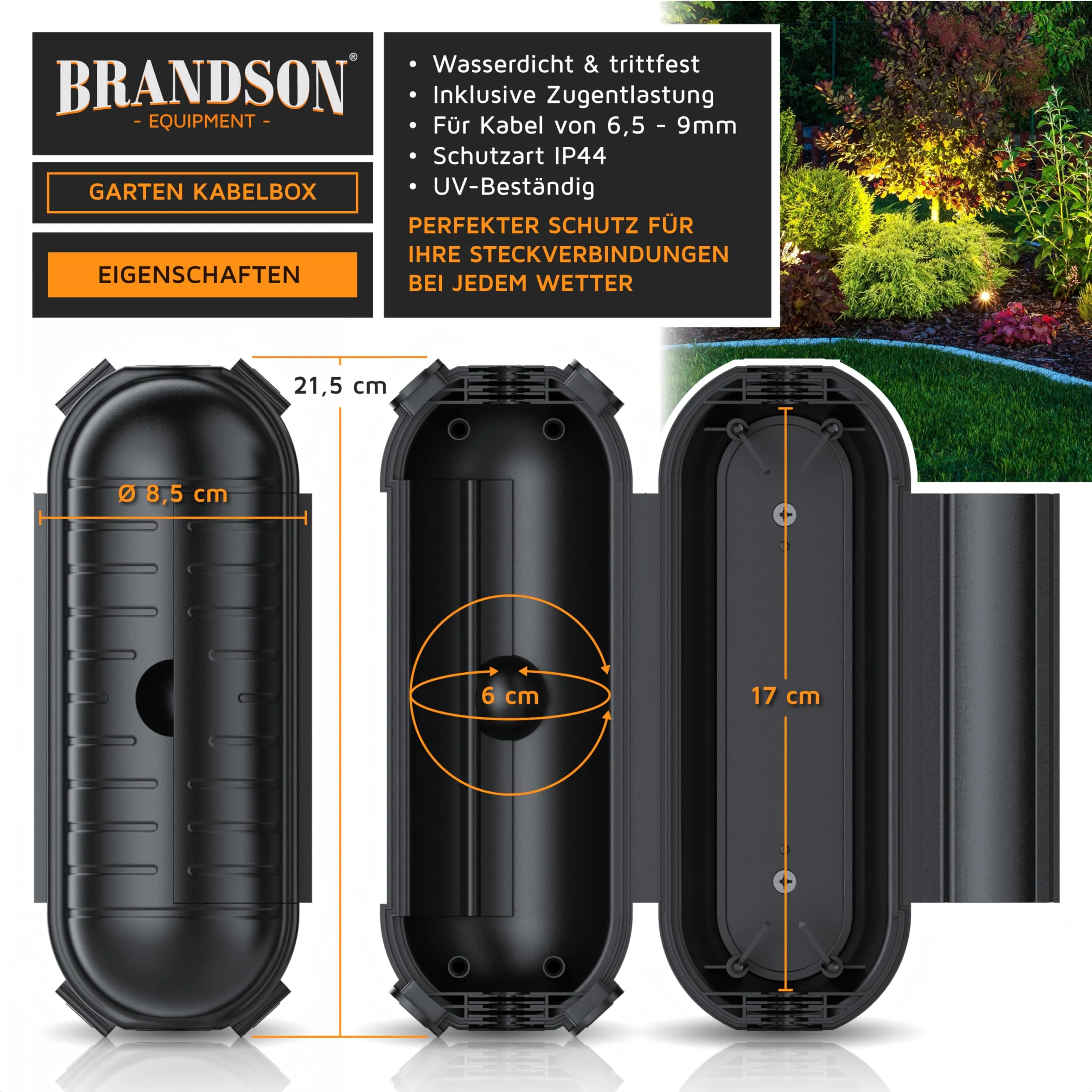 Brandson - Garden Cable Box Waterproof - Outdoor IP44 Waterproof Safe Box - Non-Slip - Weatherproof Protective Box for Extension Cable for LED Chain Power Tool Lawnmower A: 1 x black - Image 2