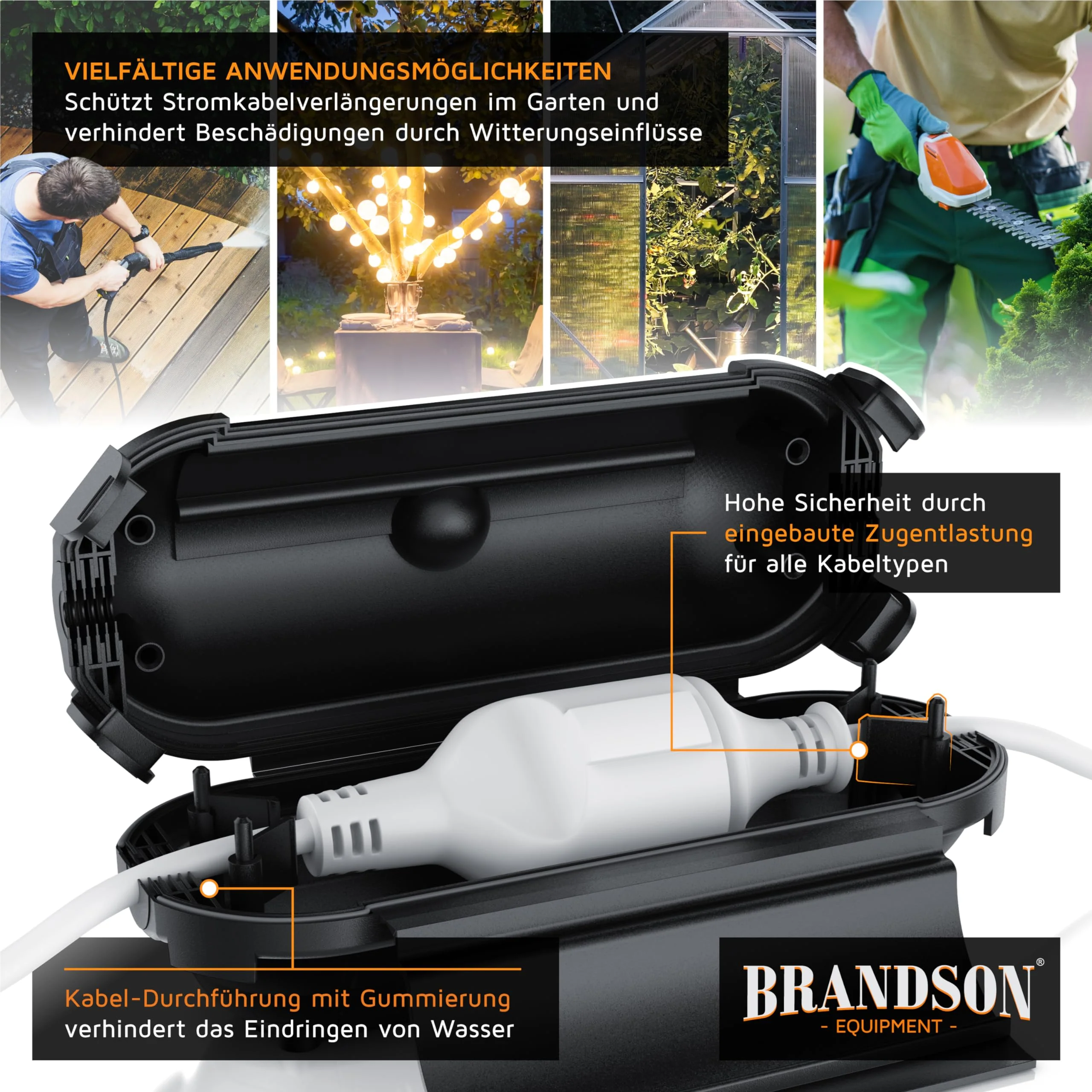 Brandson - Garden Cable Box Waterproof - Outdoor IP44 Waterproof Safe Box - Non-Slip - Weatherproof Protective Box for Extension Cable for LED Chain Power Tool Lawnmower A: 1 x black - Image 4