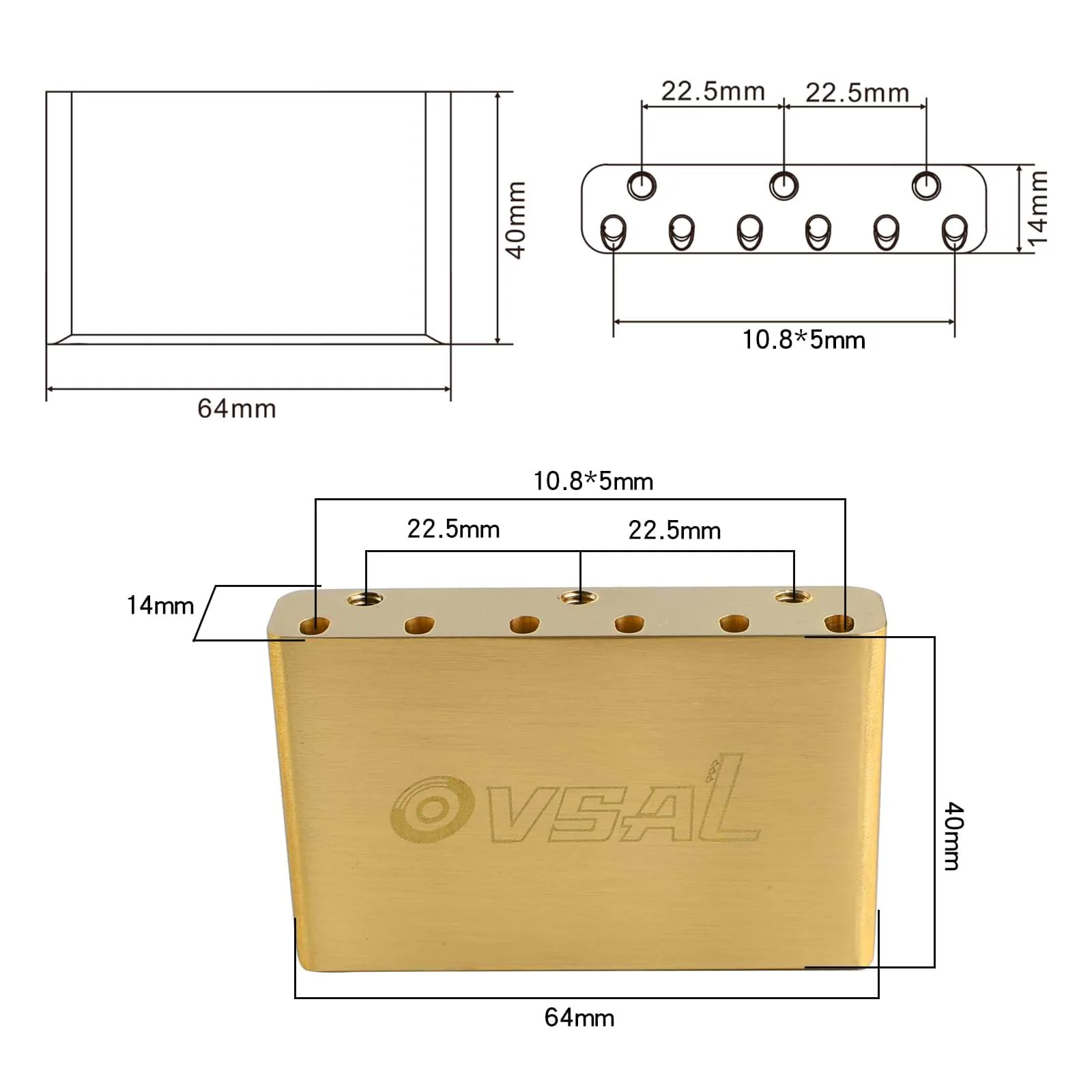 Brass Electric Guitar Bridge Block 10.8mm Tremolo Bridge Block Compatible with Start ST 6-string Electric Guitar Replacement Parts（64mm×40mm×14mm） 10.8 Brass Style A - Image 6