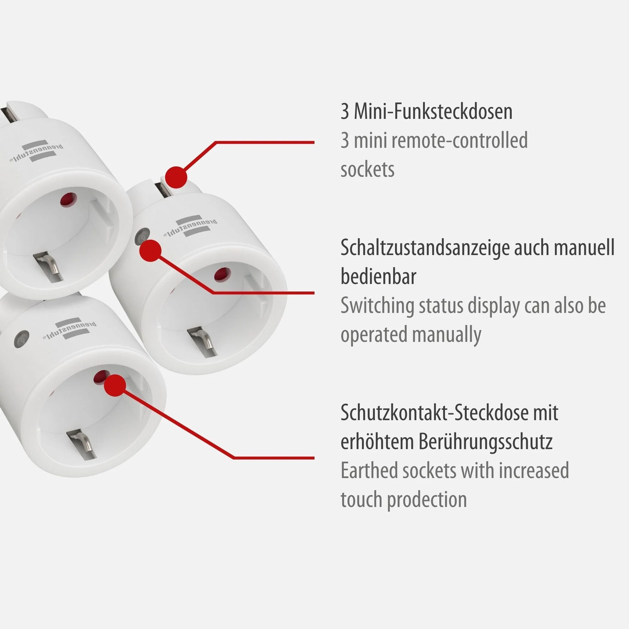 Brennenstuhl Comfort-Line Mini 3+1 Remote Control Socket Set of 3 (Indoor Use with Handheld Transmitter and Increased Touch Protection) White 3 Mini-Funksteckdosen 3 mini radio sockets Single - Image 2