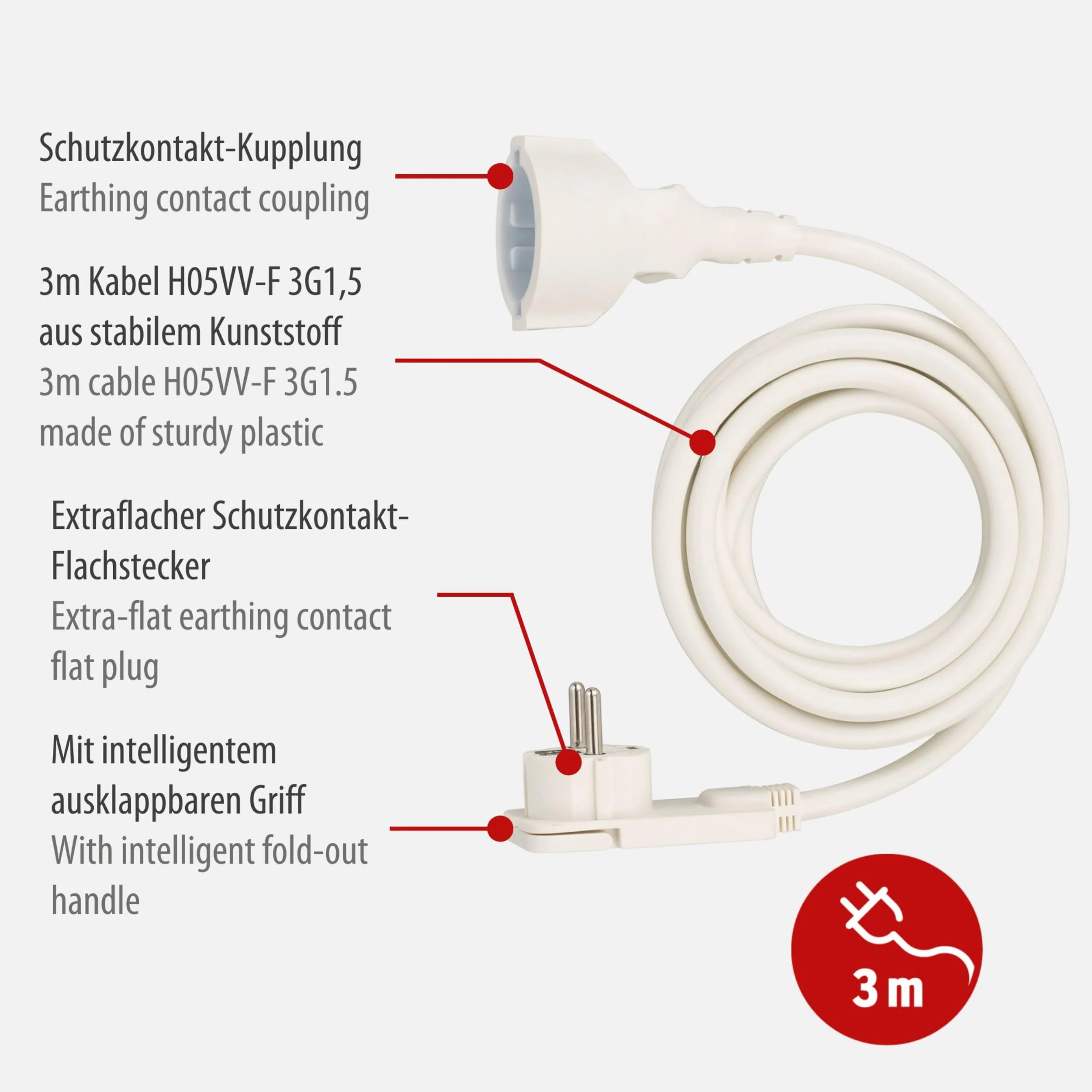 Brennenstuhl Quality Plastic Extension Cable with Flat Connector (Extension Cable, Flat, for Indoors, with 3 m Cable), White 3m Single - Image 2