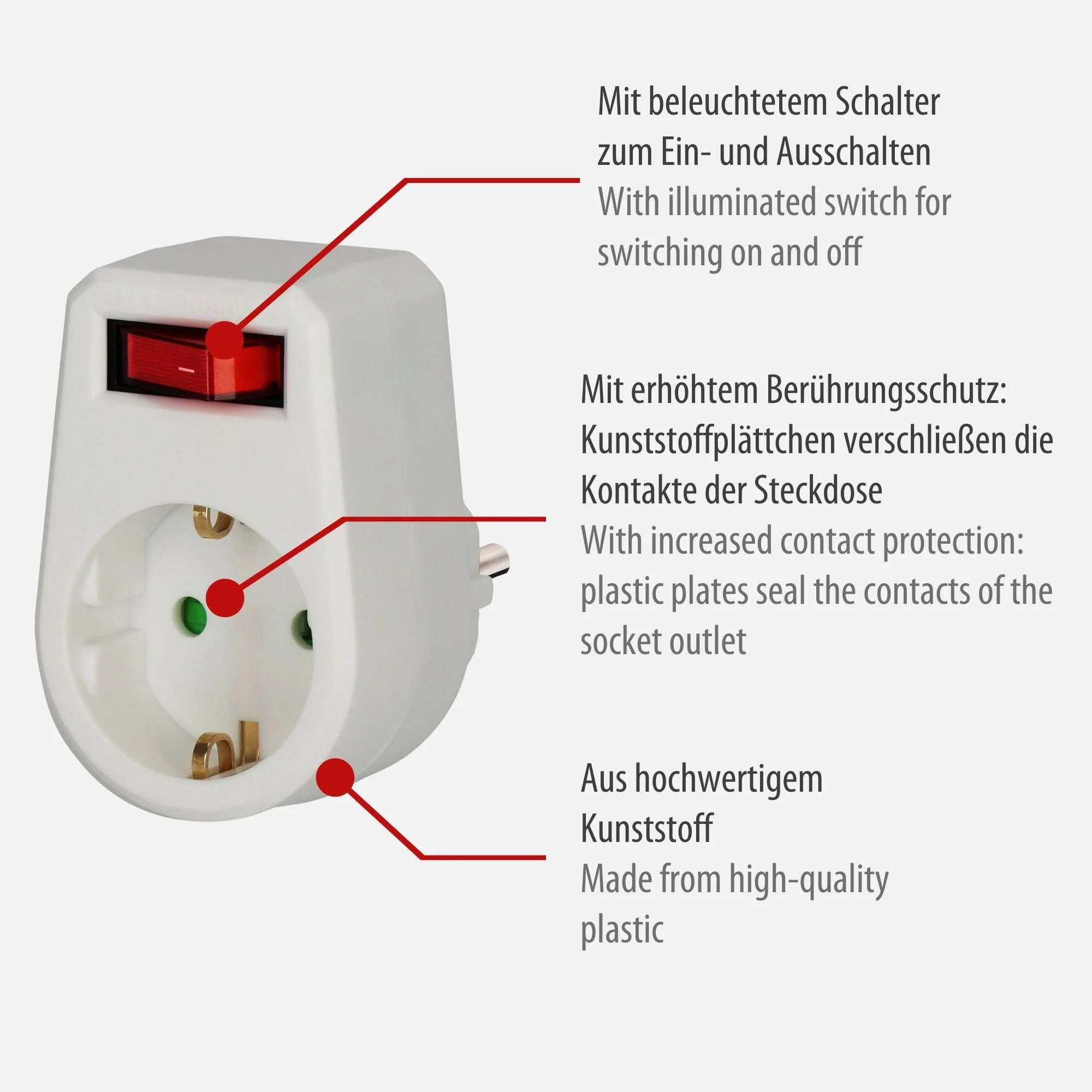 Brennenstuhl socket adapter, protective contact socket with switch (adapter plug with increased contact protection) white - Image 2