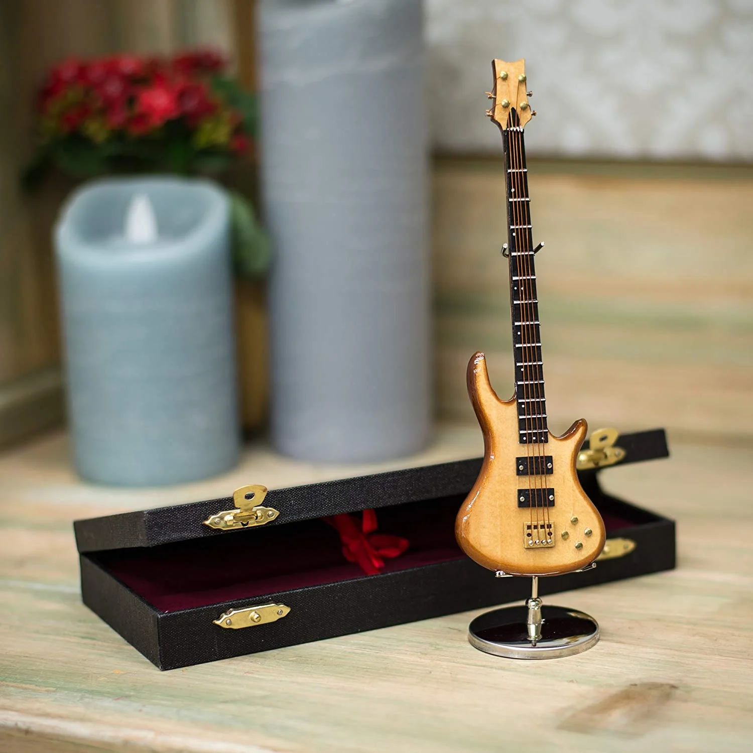 Broadway Gift Natural Wood Bass Electric Guitar with Case and Stand Replica Figurine 7 Inch - Image 4