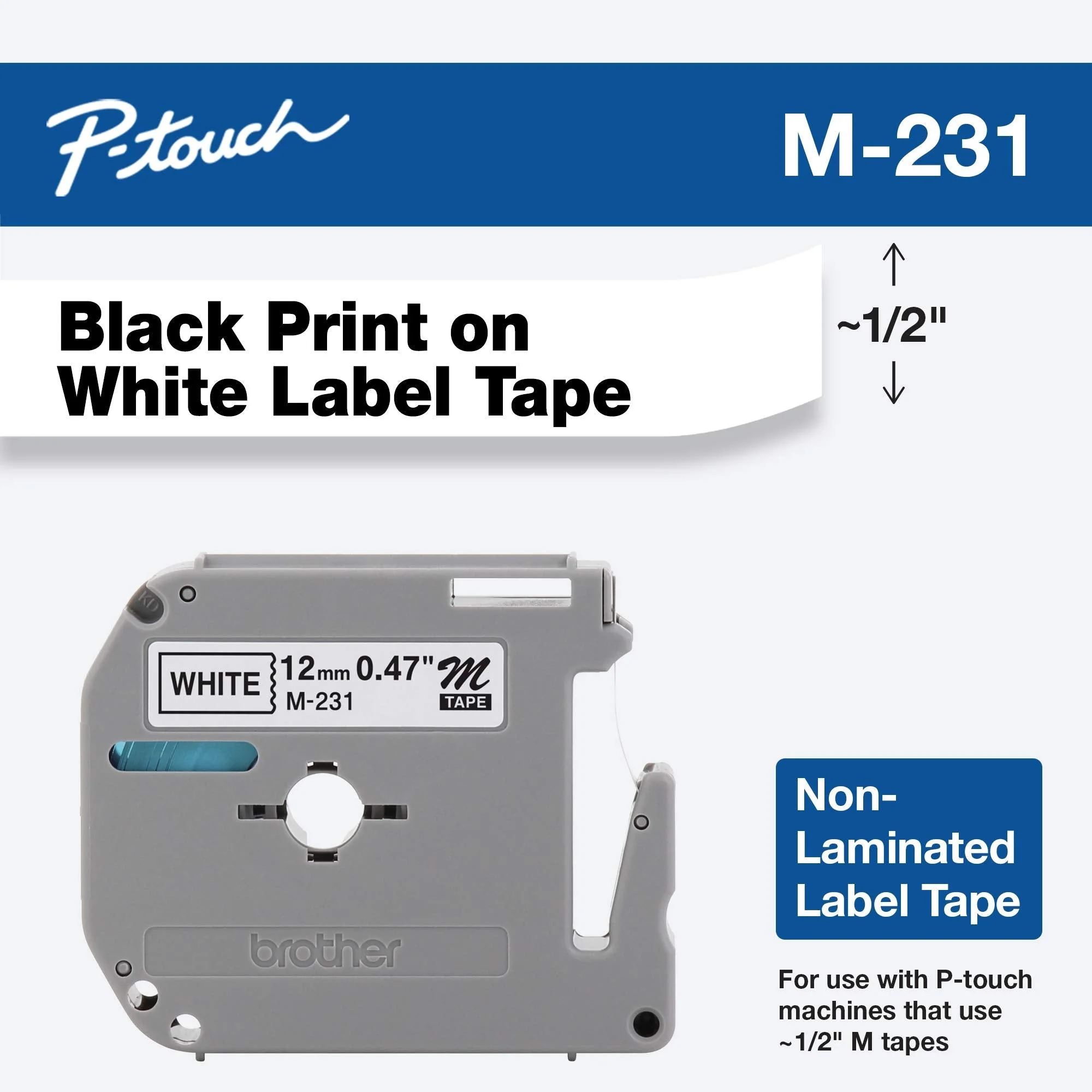 Brother Genuine P-touch M-231 Tape, 1/2" (0.47") Standard P-touch Tape, Black on White, for Indoor Use, Water Resistant, 26.2 Feet (8M), Single-Pack - Image 2