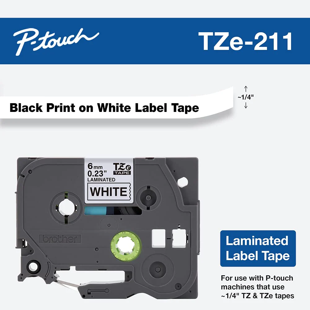 Brother Genuine P-touch TZE-211 Label Tape 1, 1/4" (0.23") Standard Laminated P-touch Tape, Black on White, Laminated for Indoor or Outdoor Use, Water Resistant, 26.2 Feet (8M), Single-Pack 1/4" - Image 2