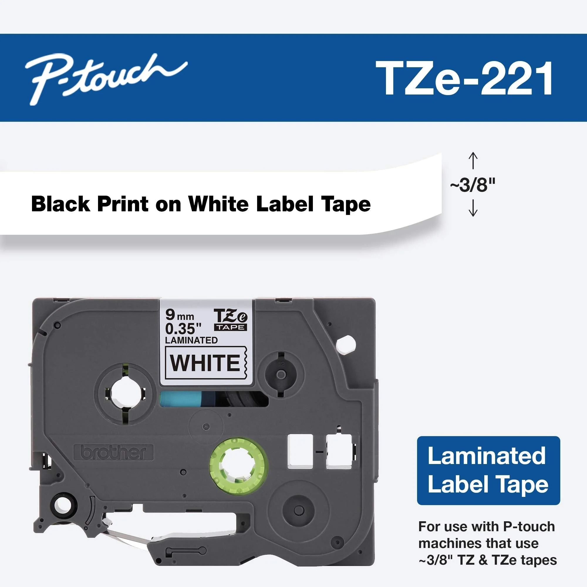 Brother Genuine P-touch TZE-221 Tape, 3/8" (0.35") Standard Laminated P-touch Tape, Black on White, Laminated for Indoor or Outdoor Use, Water Resistant, 26.2 Feet (8M), Single-Pack 3/8" - Image 2