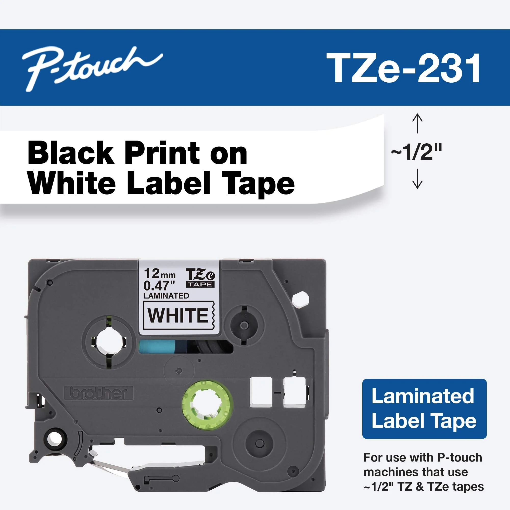 Brother Genuine P-touch TZE-231 Tape, 1/2" (0.47") Wide Standard Laminated Tape, Black on white, Laminated for Indoor or Outdoor Use, Water-Resistant, 0.47" x 26.2' (12mm x 8M), TZE231 Black on White Standard - Image 2