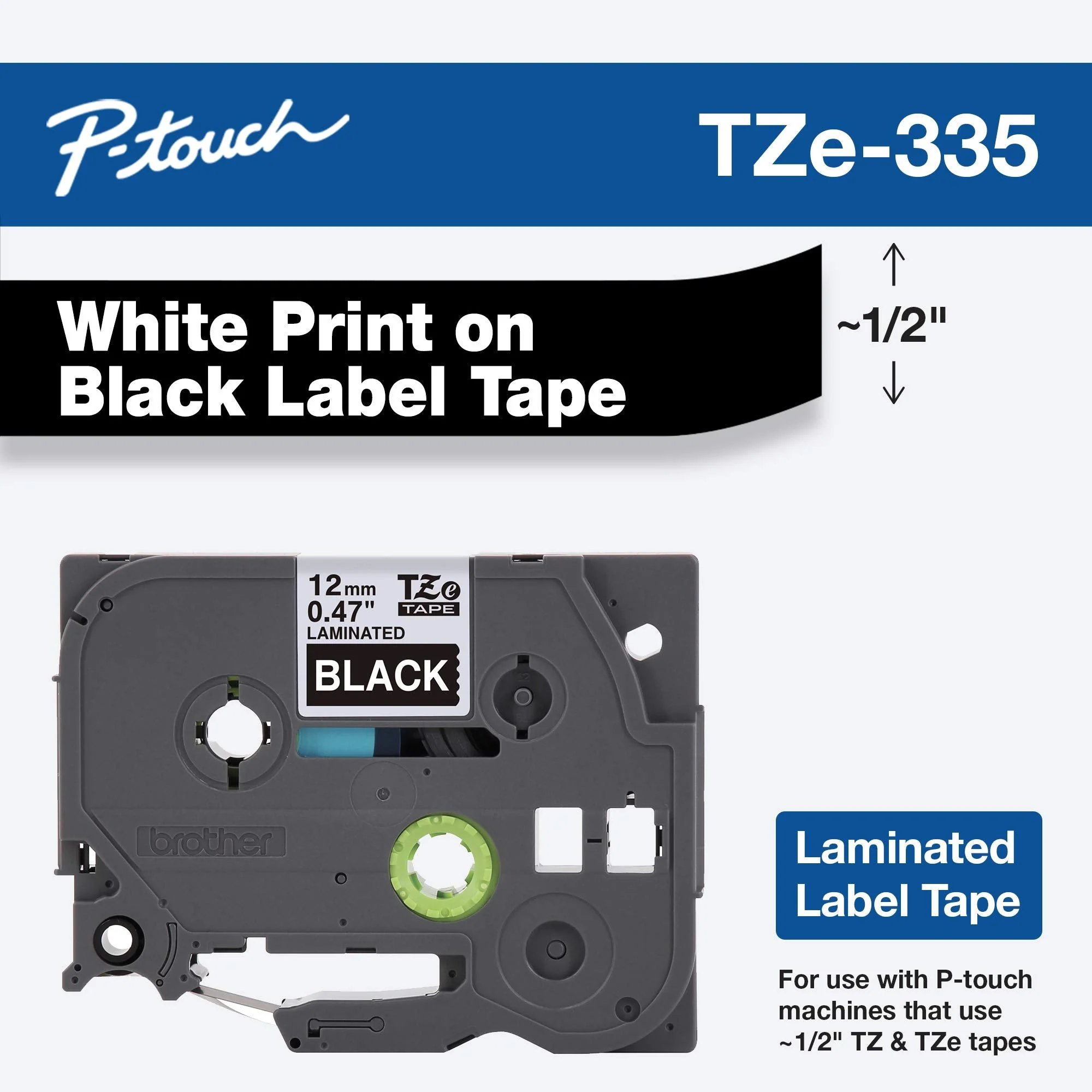 Brother Genuine P-touch TZE-335 Label Tape, 1/2" (0.47") Standard Laminated P-touch Tape, White on black, Laminated for Indoor or Outdoor Use, Water Resistant, 26.2 Feet (8M), Single-Pack - Image 2