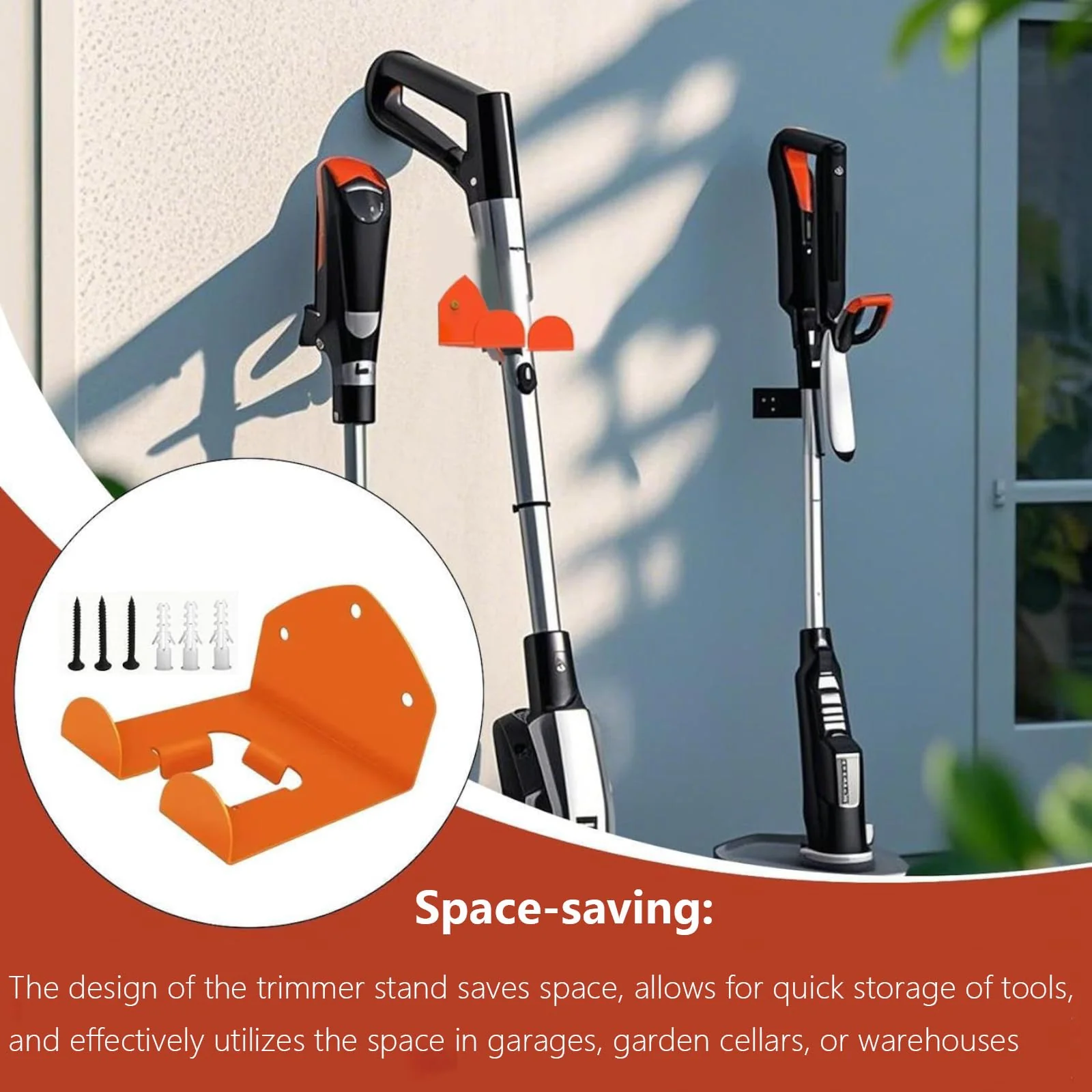Brush Cutter Holder, Wall Mount for Grass Trimmer, Garden Power Tool Hanger, with Matching Screws, for Garage Trimmer, Garden Tools - Orange - Image 5