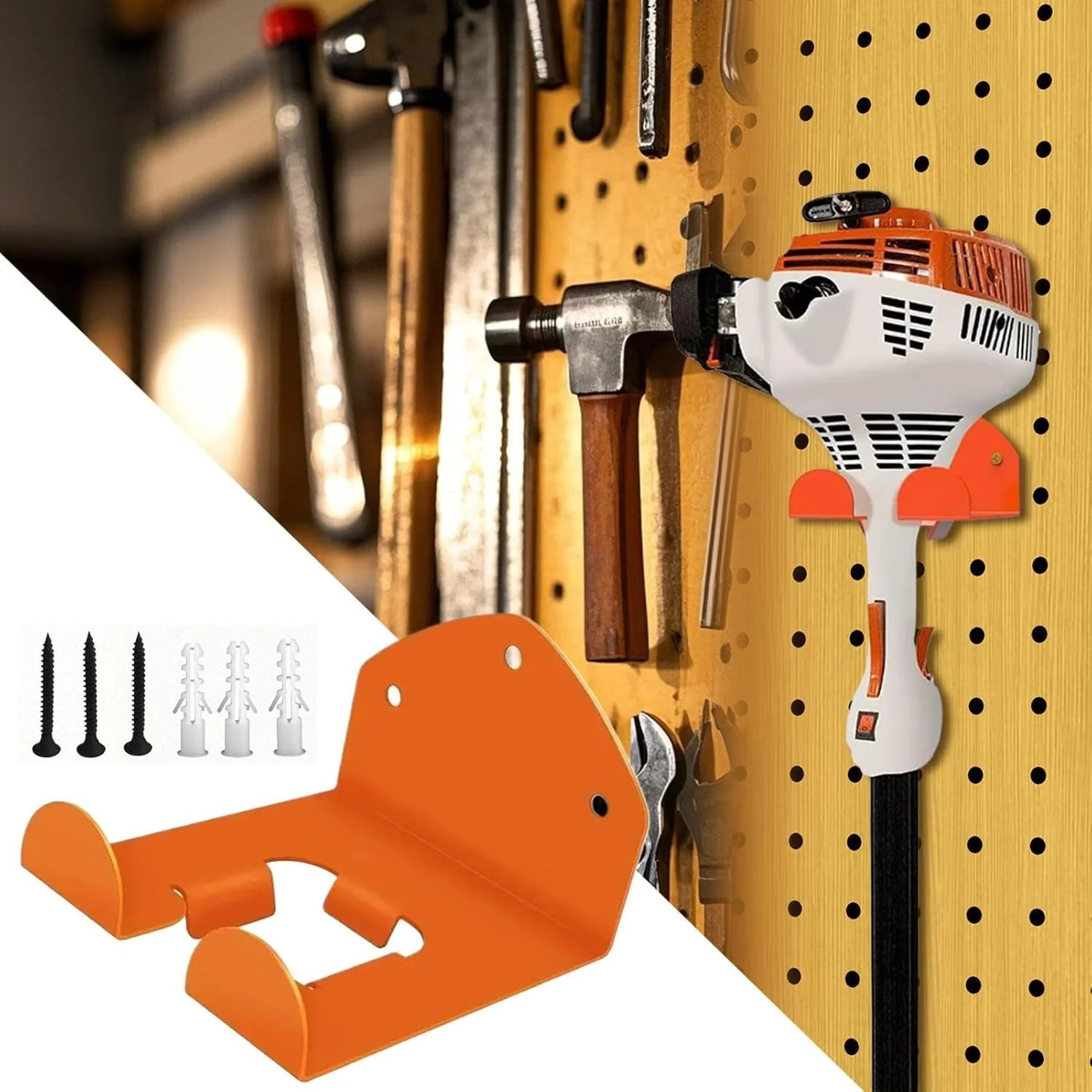 Brush Cutter Holder, Wall Mount for Grass Trimmer, Garden Power Tool Hanger, with Matching Screws, for Garage Trimmer, Garden Tools - Orange - Image 8