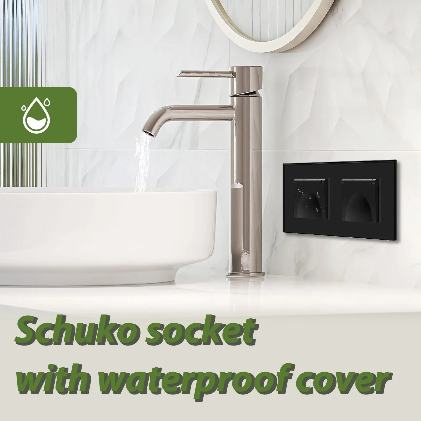 BSEED 2-Way Socket with Waterproof Cover, Schuko Socket with Plug-In Terminal, Flush-Mounted Socket with Crystal Glass Plate, Double Socket, Built-in Socket, 16 Amp, Wall Socket, 157 mm, Black 2 compartments with waterproof cover - Image 2