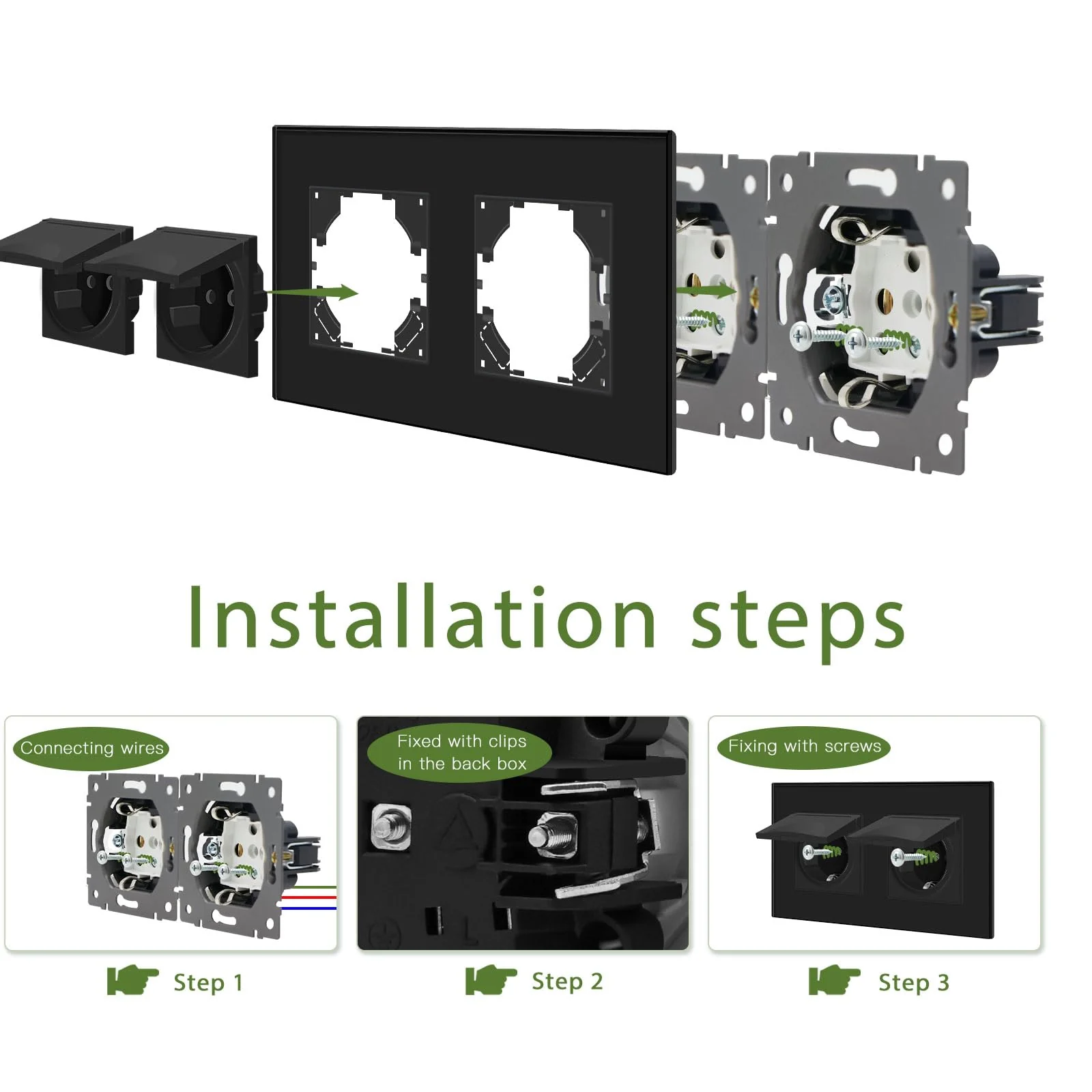 BSEED 2-Way Socket with Waterproof Cover, Schuko Socket with Plug-In Terminal, Flush-Mounted Socket with Crystal Glass Plate, Double Socket, Built-in Socket, 16 Amp, Wall Socket, 157 mm, Black 2 compartments with waterproof cover - Image 5