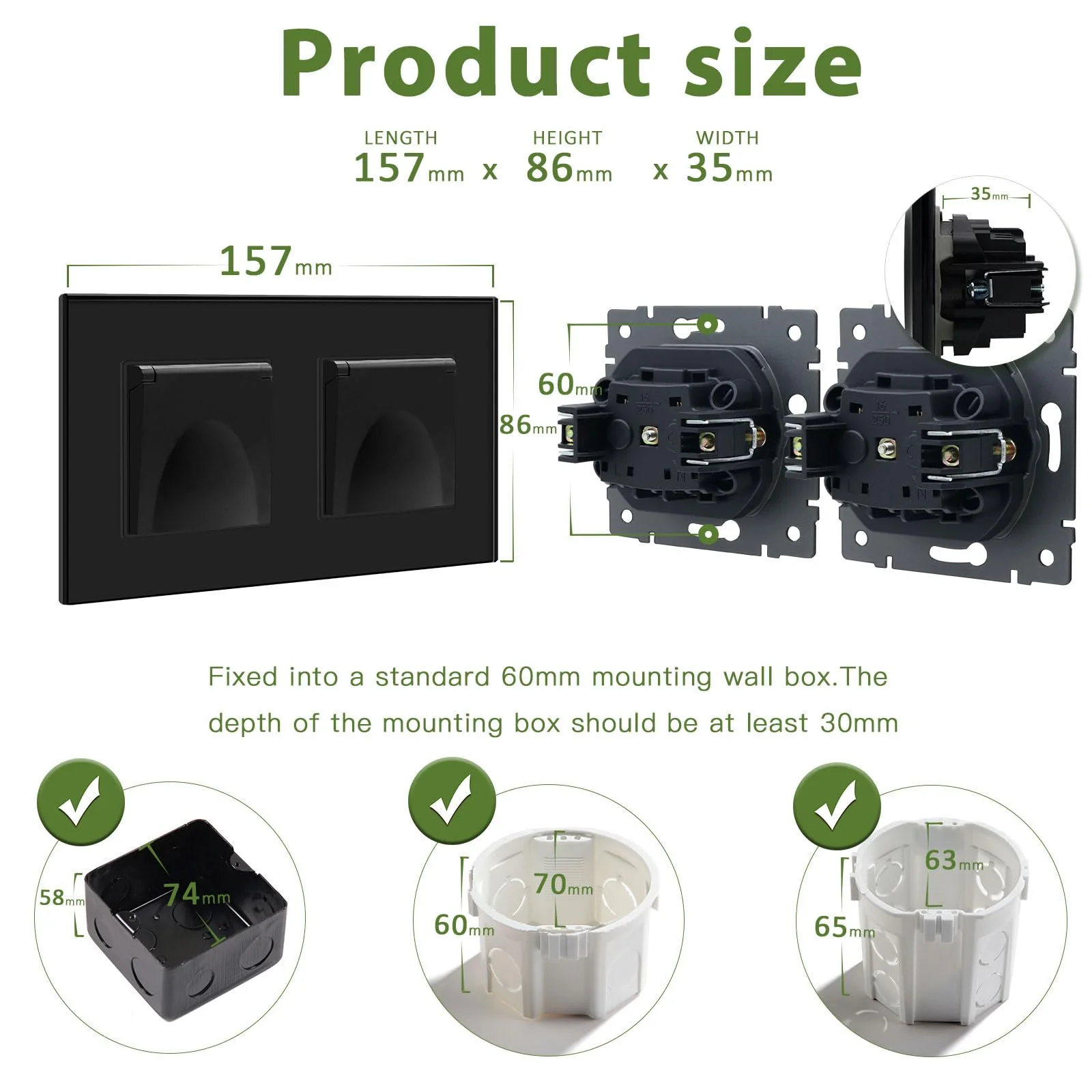 BSEED 2-Way Socket with Waterproof Cover, Schuko Socket with Plug-In Terminal, Flush-Mounted Socket with Crystal Glass Plate, Double Socket, Built-in Socket, 16 Amp, Wall Socket, 157 mm, Black 2 compartments with waterproof cover - Image 7