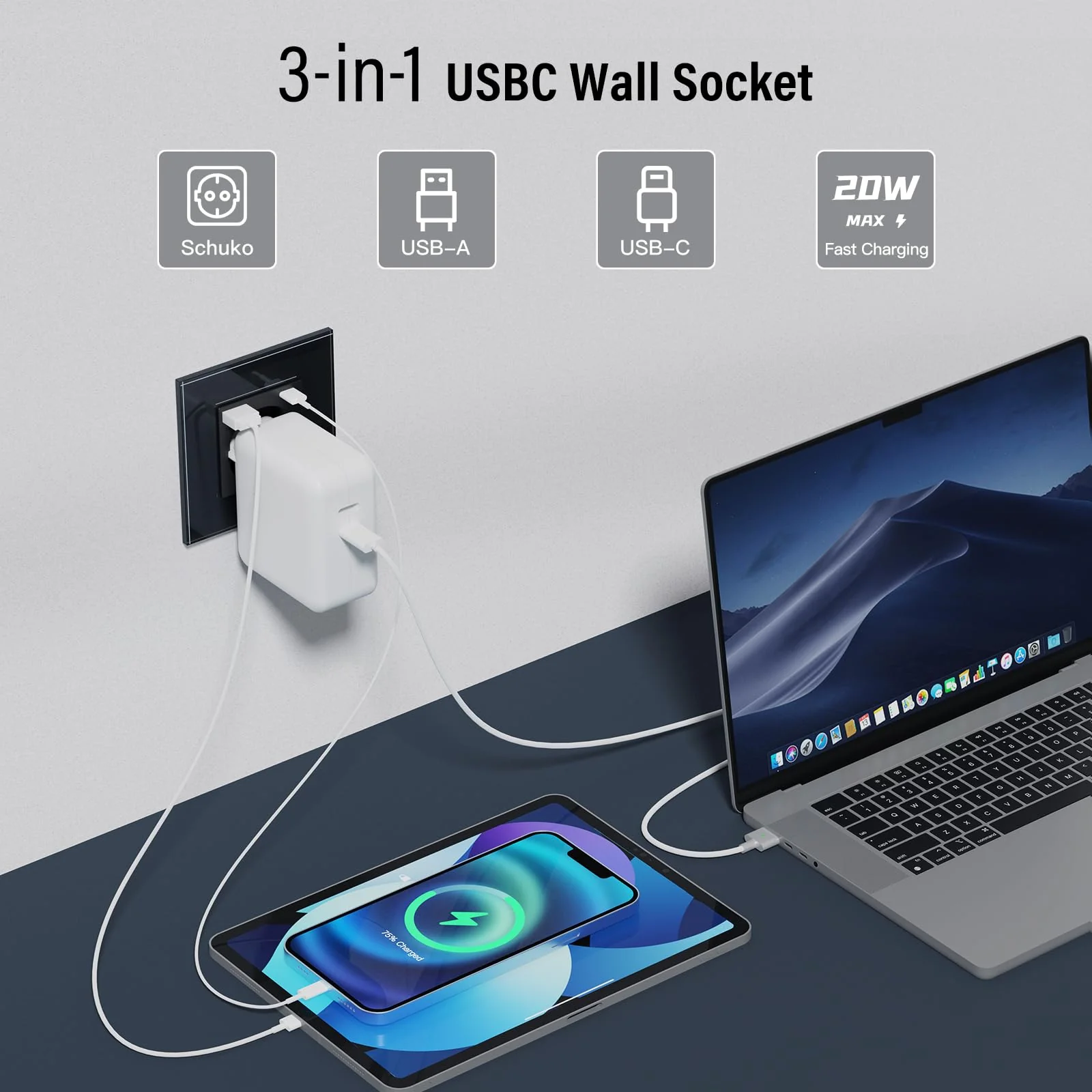 BSEED Glass Socket with 20 W USB C, Quick Charger Wall Socket, 3-in-1 Flush-Mounted Sockets, Easy Installation, 240 V 16 A, 86 mm Single Black 1-gang - Image 2