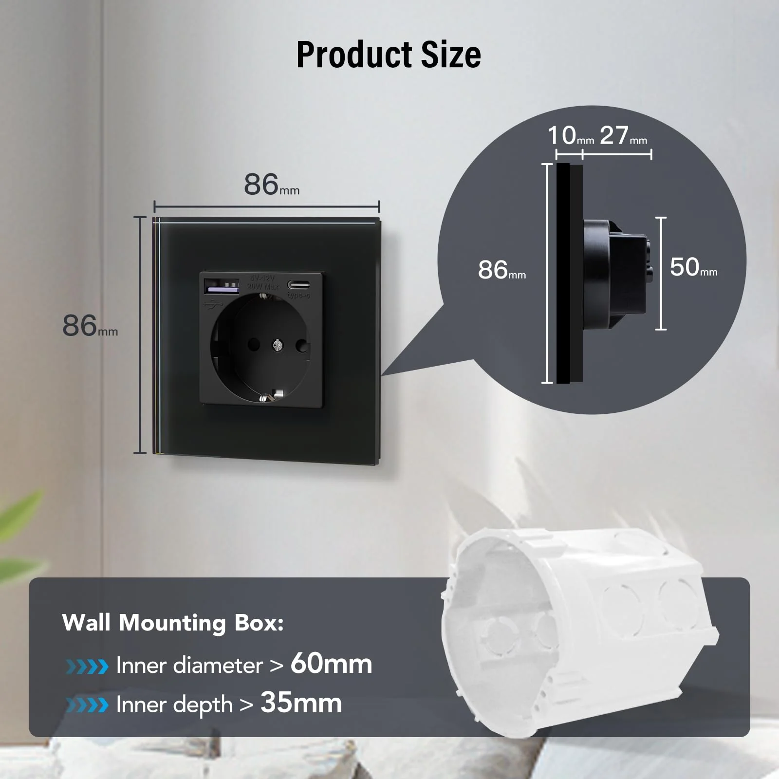 BSEED Glass Socket with 20 W USB C, Quick Charger Wall Socket, 3-in-1 Flush-Mounted Sockets, Easy Installation, 240 V 16 A, 86 mm Single Black 1-gang - Image 7