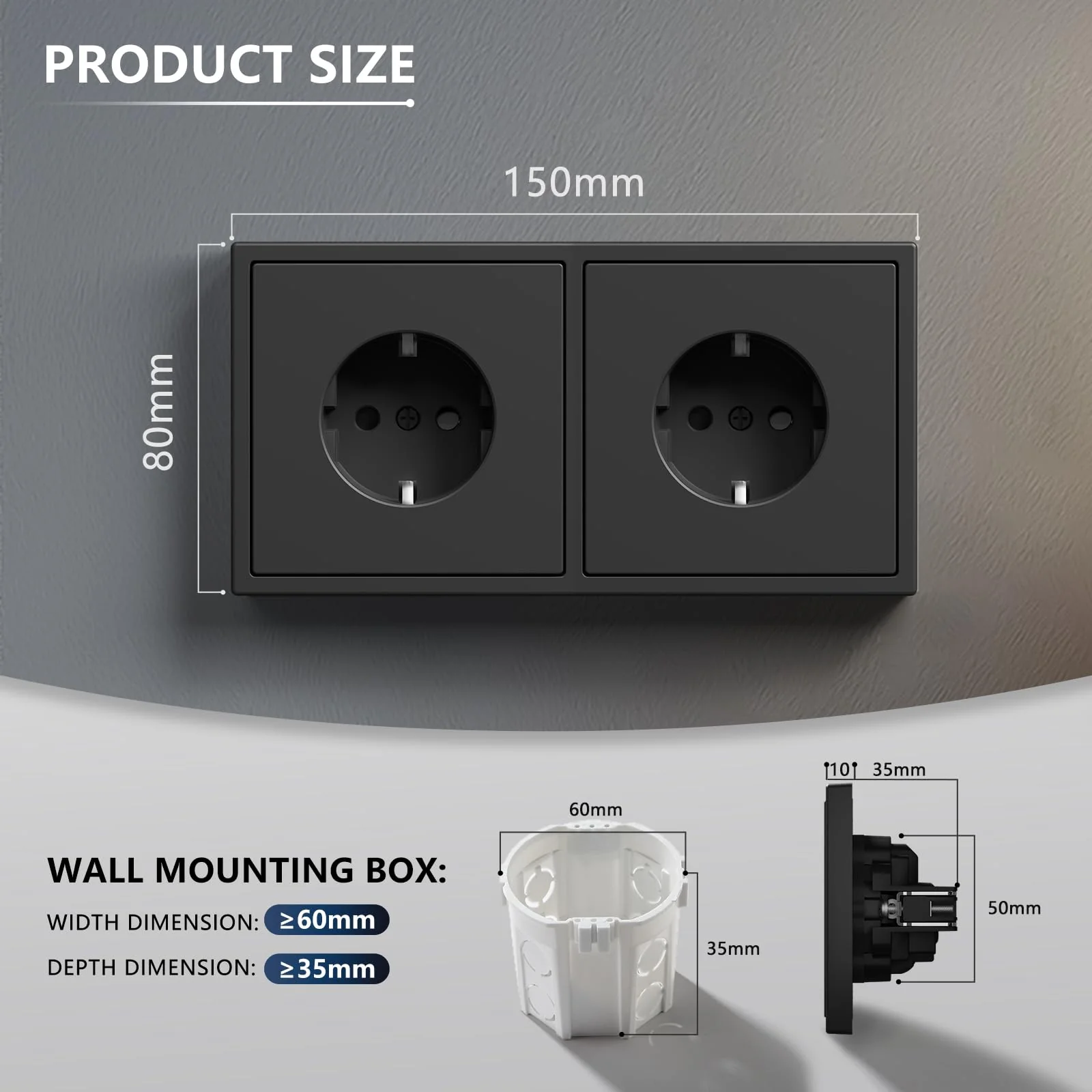 BSEED Schuko Double Socket Flush-Mounted, Wall Socket 16 Amp with PC Frame, Double Socket with Claws, 2 Compartments, Black 2 Fach - Image 2